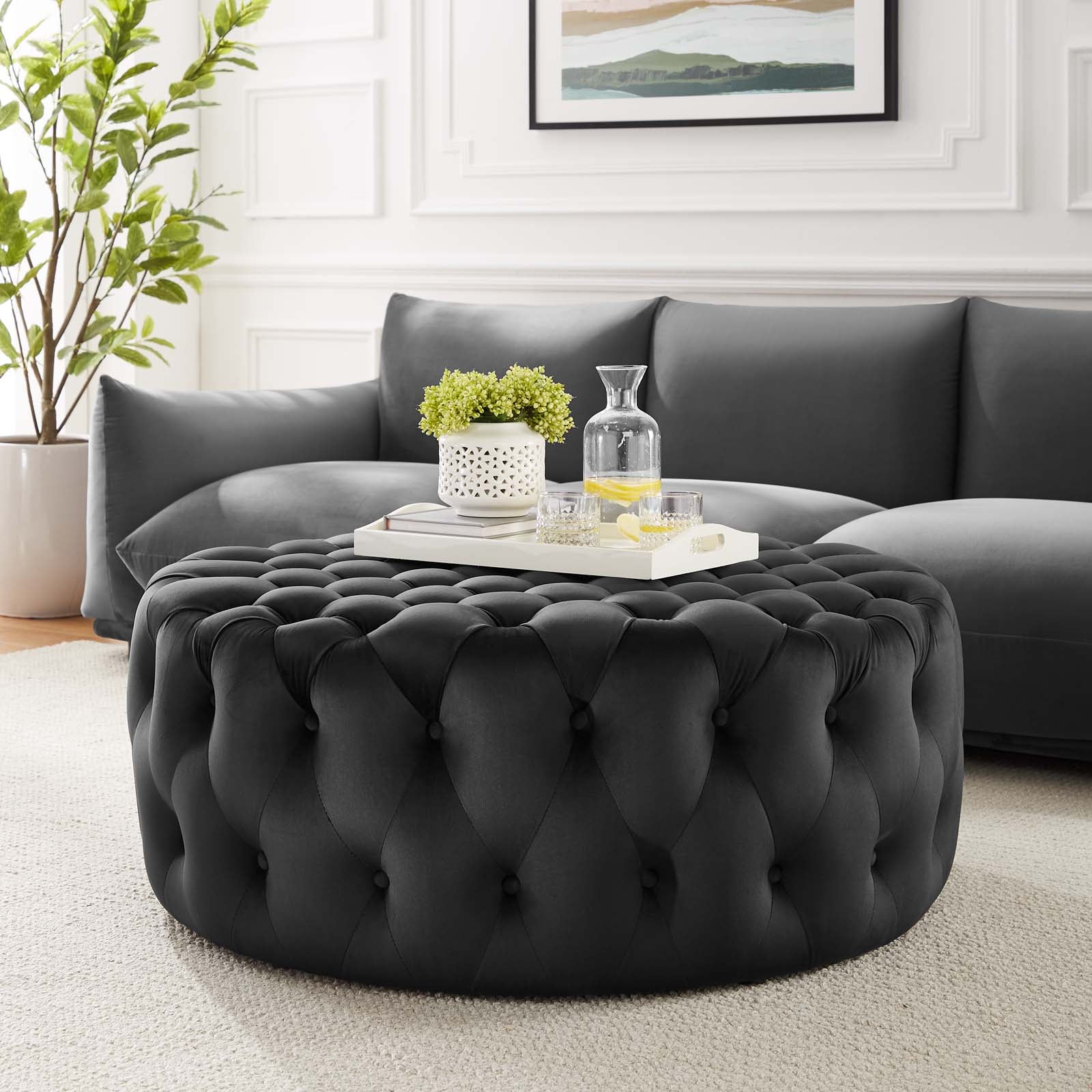 Modway Ottomans & Stools - Amour Tufted Button Large Round Performance Velvet Ottoman Black