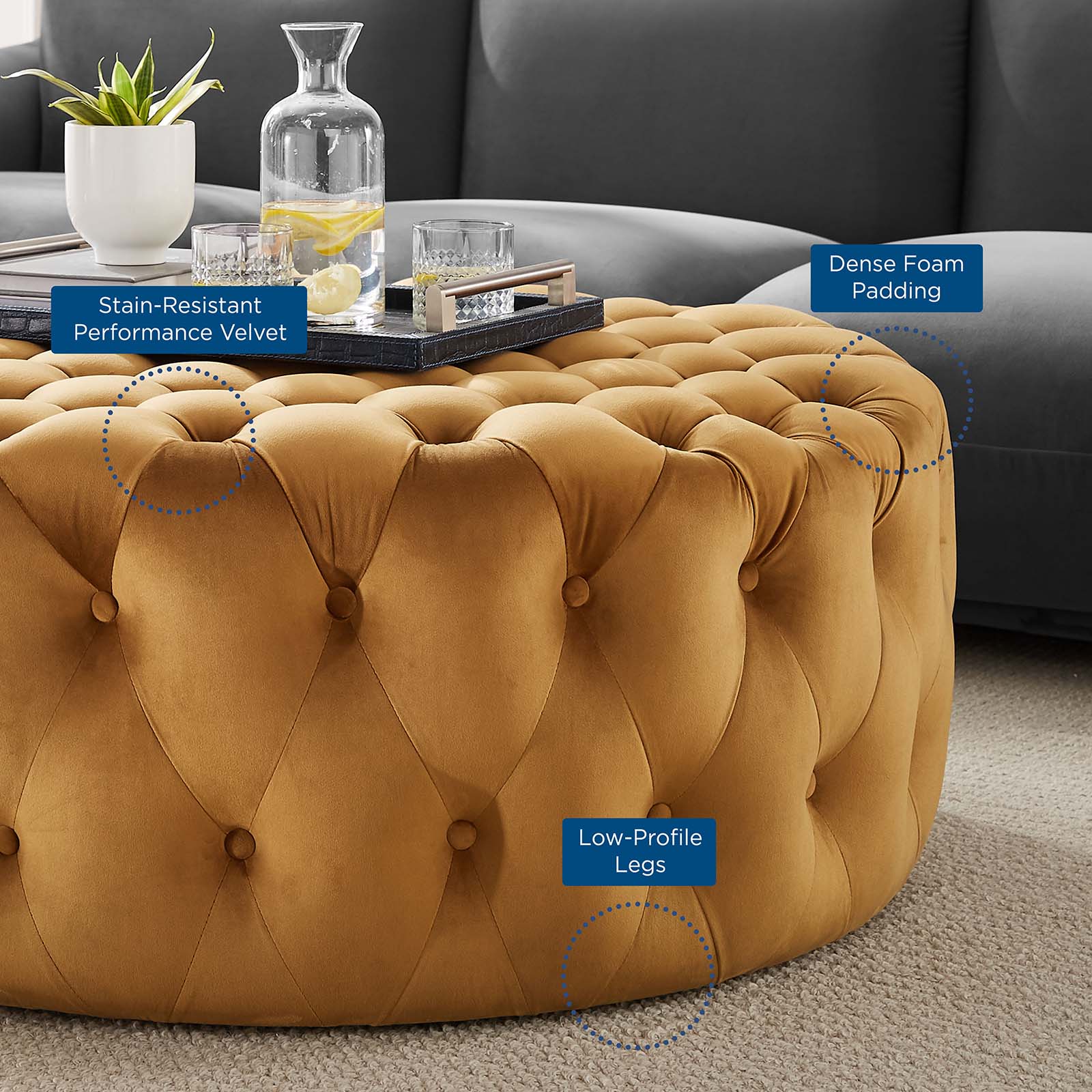 Modway Ottomans & Stools - Amour Tufted Button Large Round Performance Velvet Ottoman Cognac