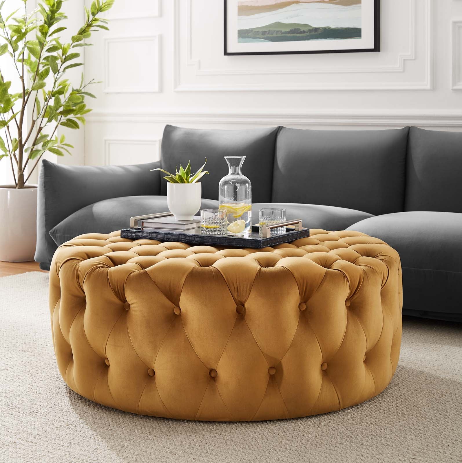 Modway Ottomans & Stools - Amour Tufted Button Large Round Performance Velvet Ottoman Cognac