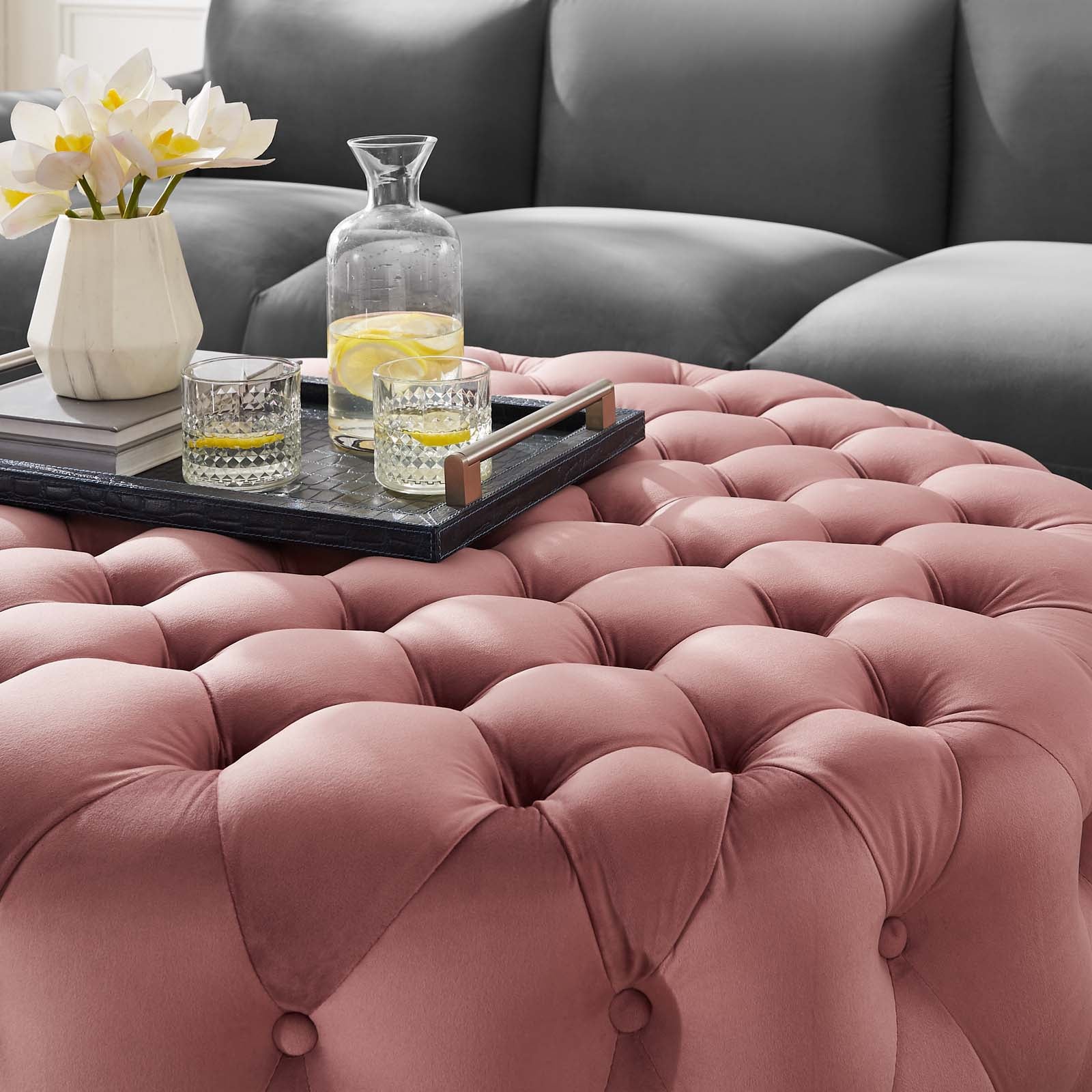 Modway Ottomans & Stools - Amour Tufted Button Large Round Performance Velvet Ottoman Dusty Rose