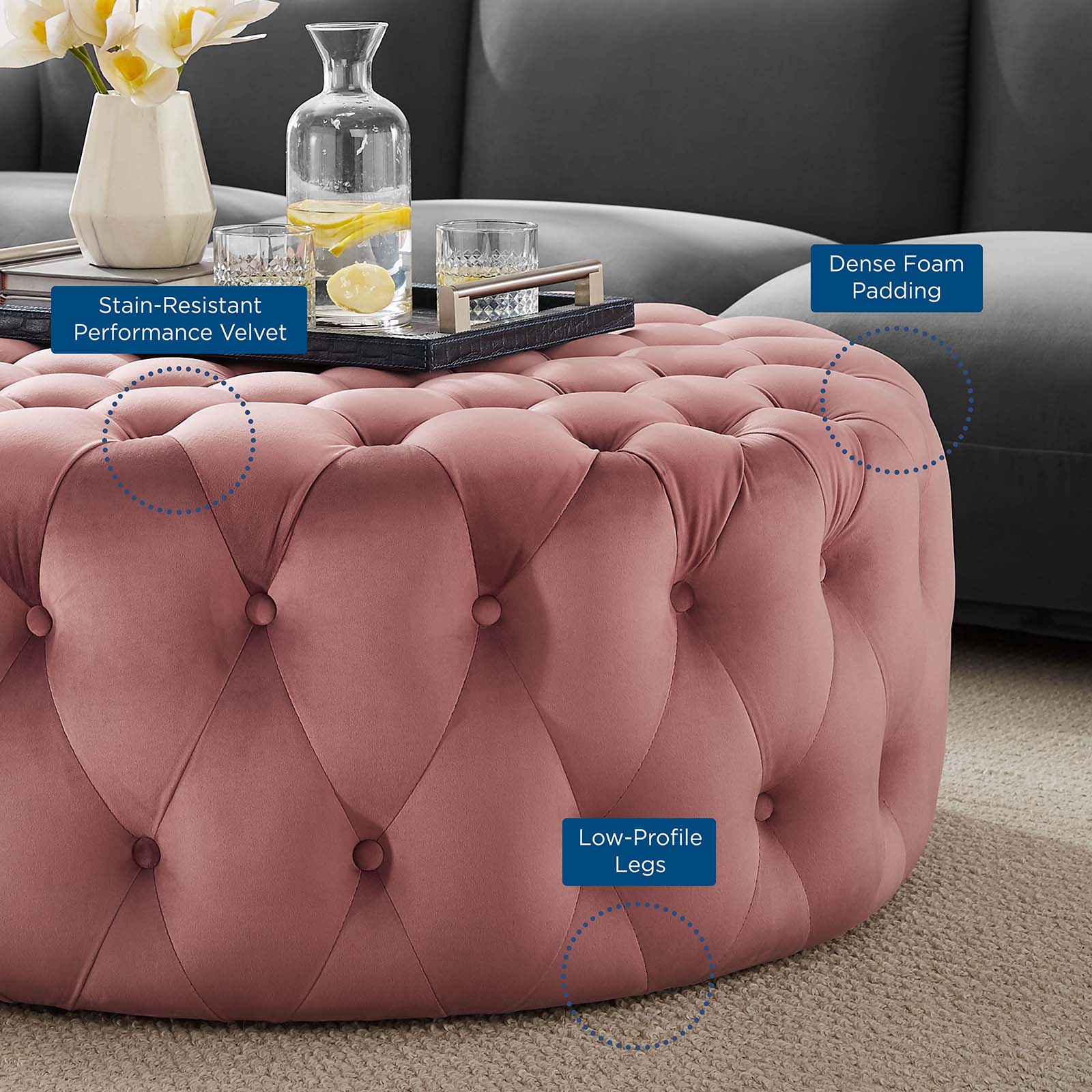 Modway Ottomans & Stools - Amour Tufted Button Large Round Performance Velvet Ottoman Dusty Rose