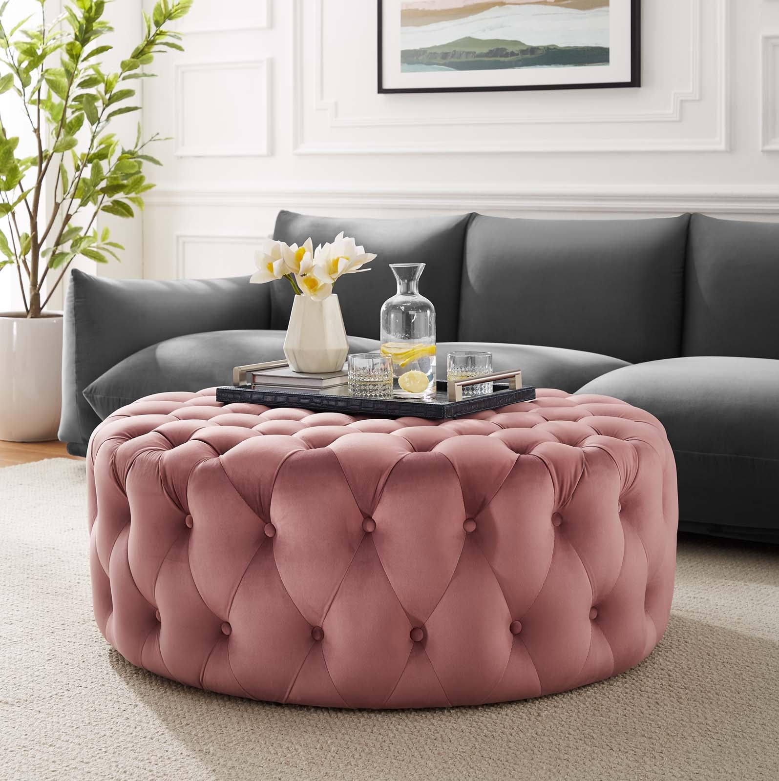 Modway Ottomans & Stools - Amour Tufted Button Large Round Performance Velvet Ottoman Dusty Rose
