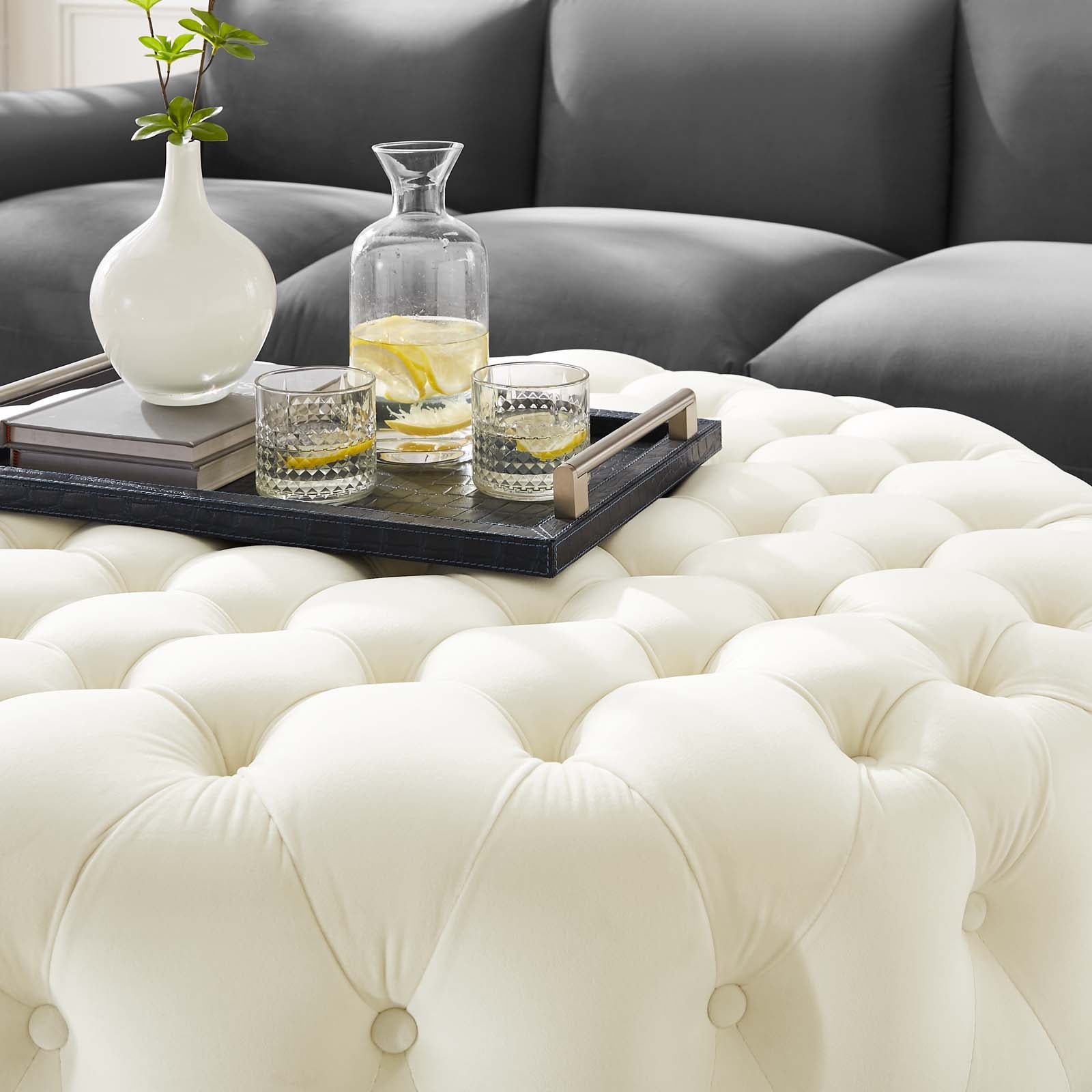 Modway Ottomans & Stools - Amour Tufted Button Large Round Performance Velvet Ottoman Ivory