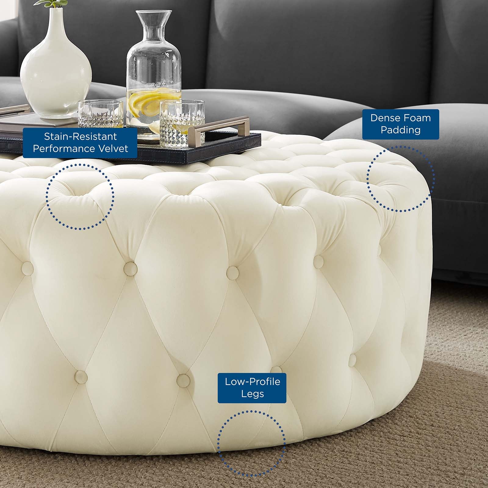 Modway Ottomans & Stools - Amour Tufted Button Large Round Performance Velvet Ottoman Ivory