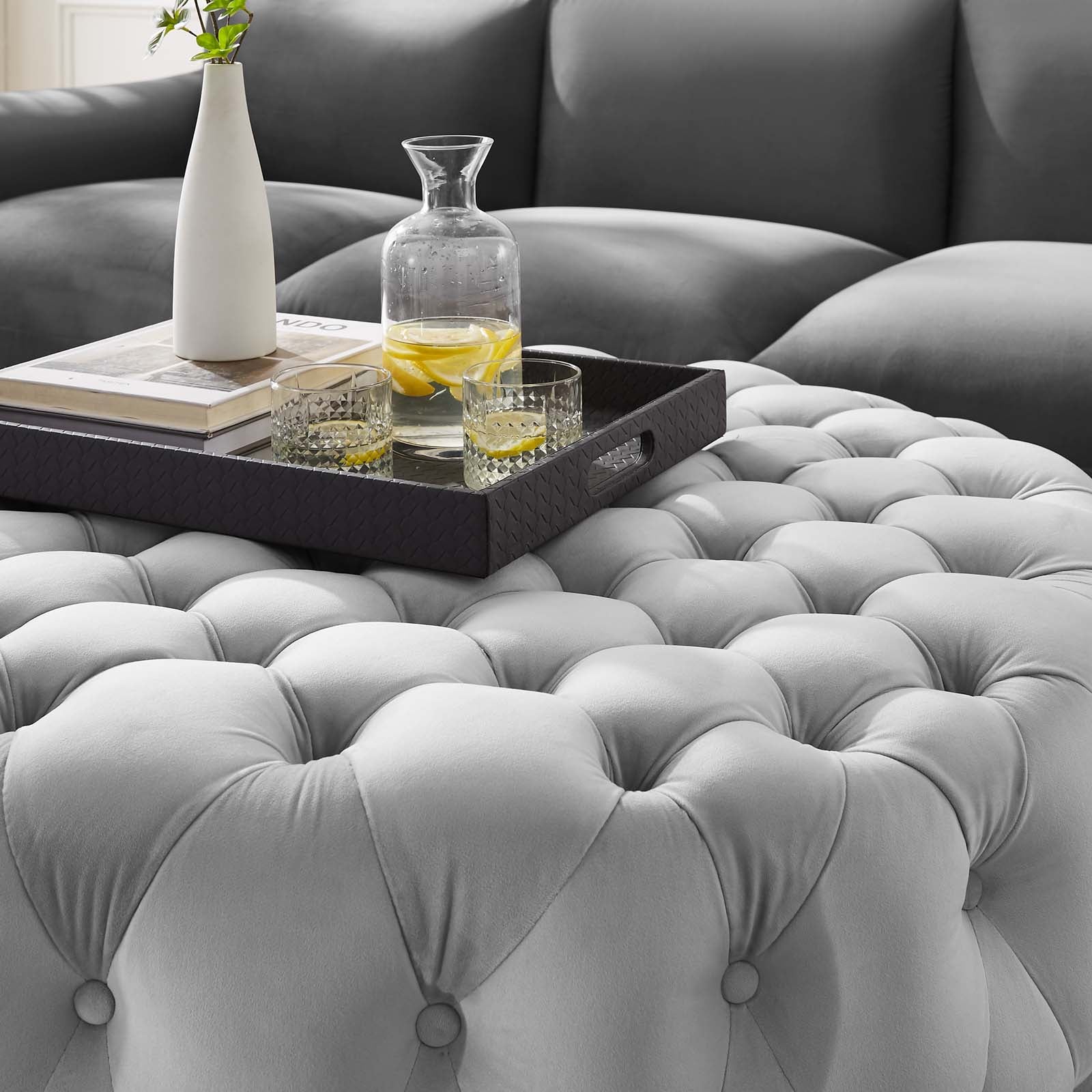 Modway Ottomans & Stools - Amour Tufted Button Large Round Performance Velvet Ottoman Light Gray