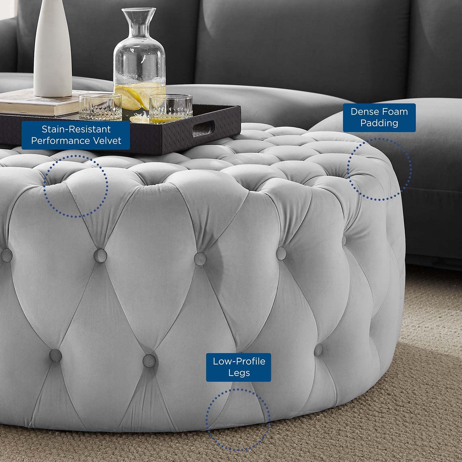 Modway Ottomans & Stools - Amour Tufted Button Large Round Performance Velvet Ottoman Light Gray