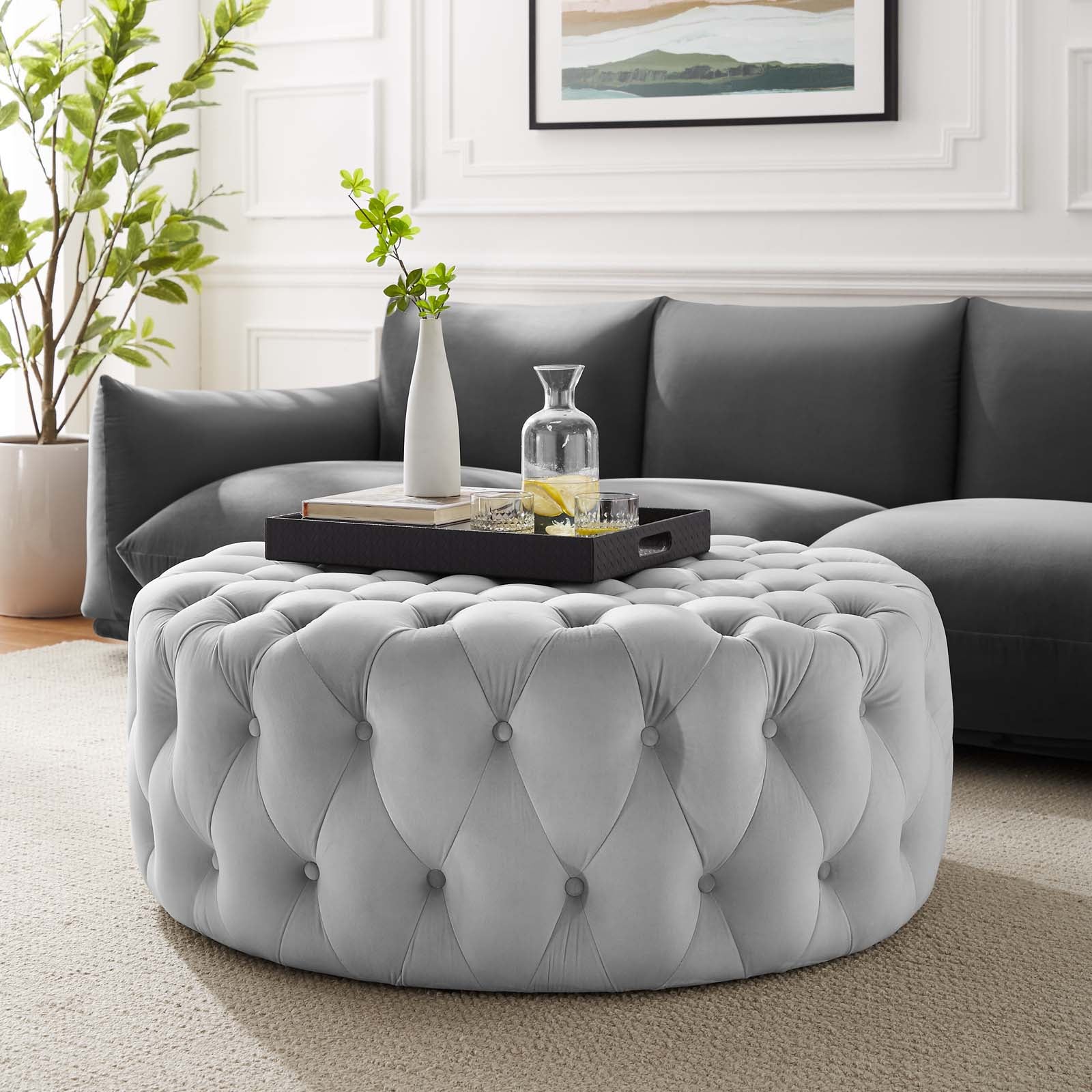 Modway Ottomans & Stools - Amour Tufted Button Large Round Performance Velvet Ottoman Light Gray