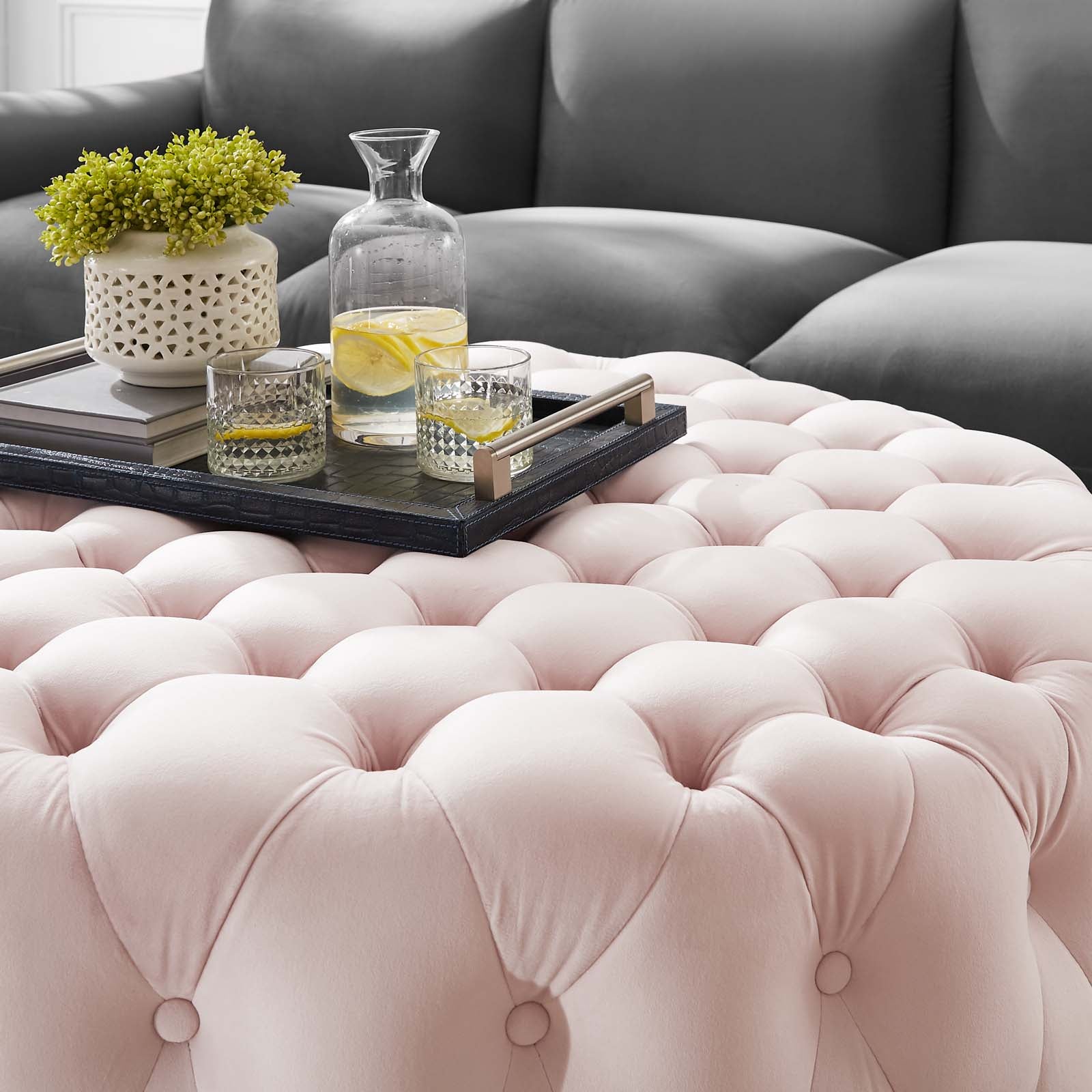 Modway Ottomans & Stools - Amour Tufted Button Large Round Performance Velvet Ottoman Pink