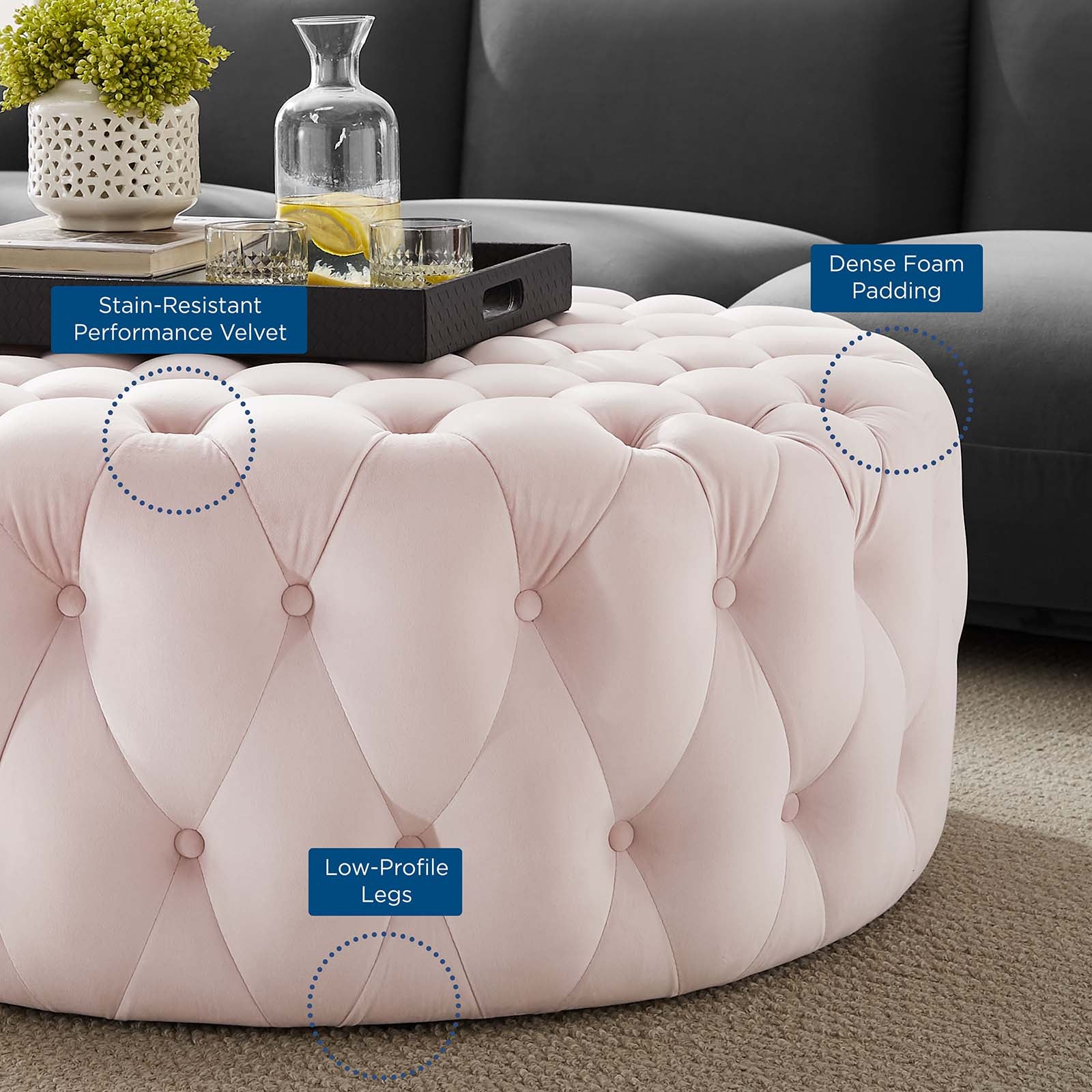 Modway Ottomans & Stools - Amour Tufted Button Large Round Performance Velvet Ottoman Pink