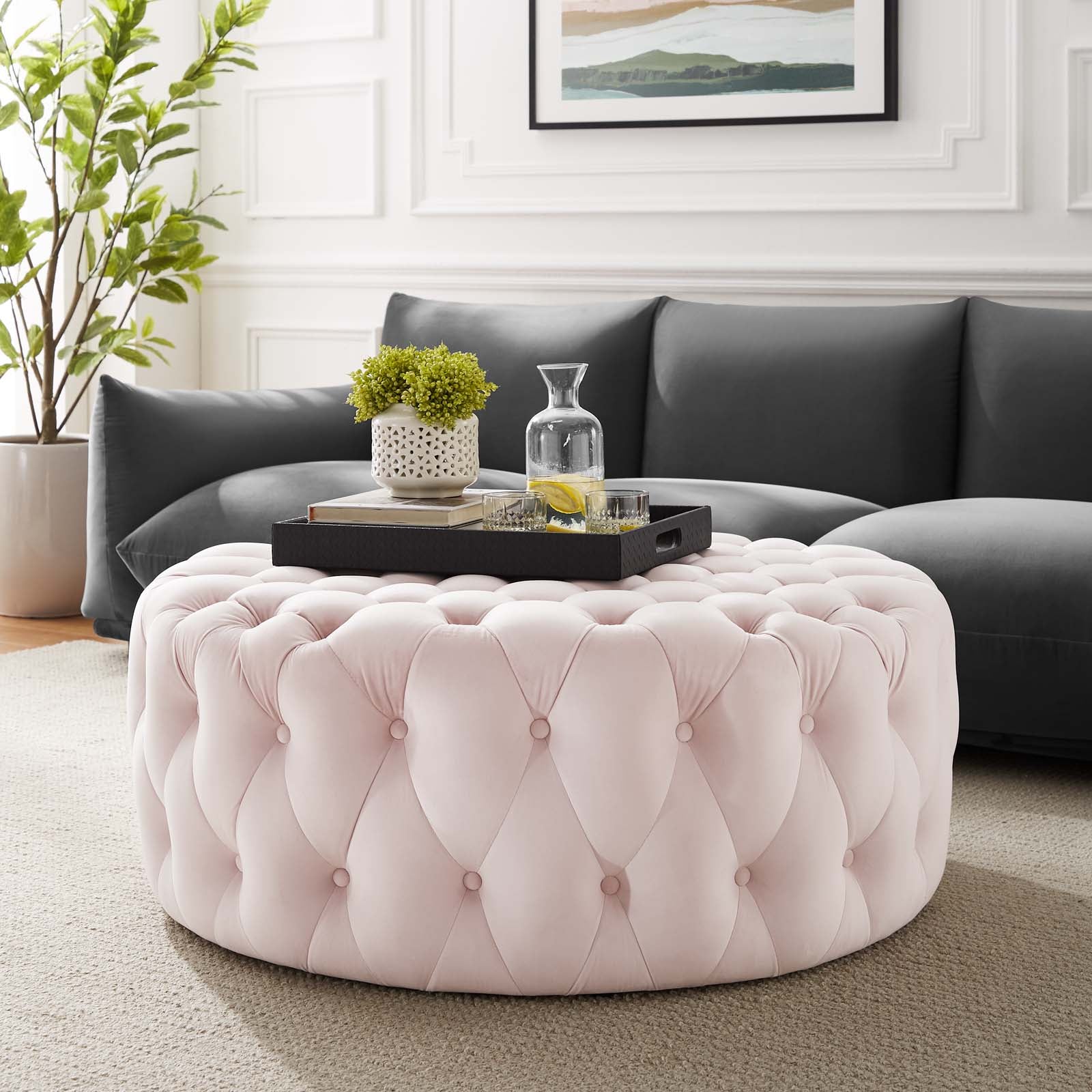 Modway Ottomans & Stools - Amour Tufted Button Large Round Performance Velvet Ottoman Pink