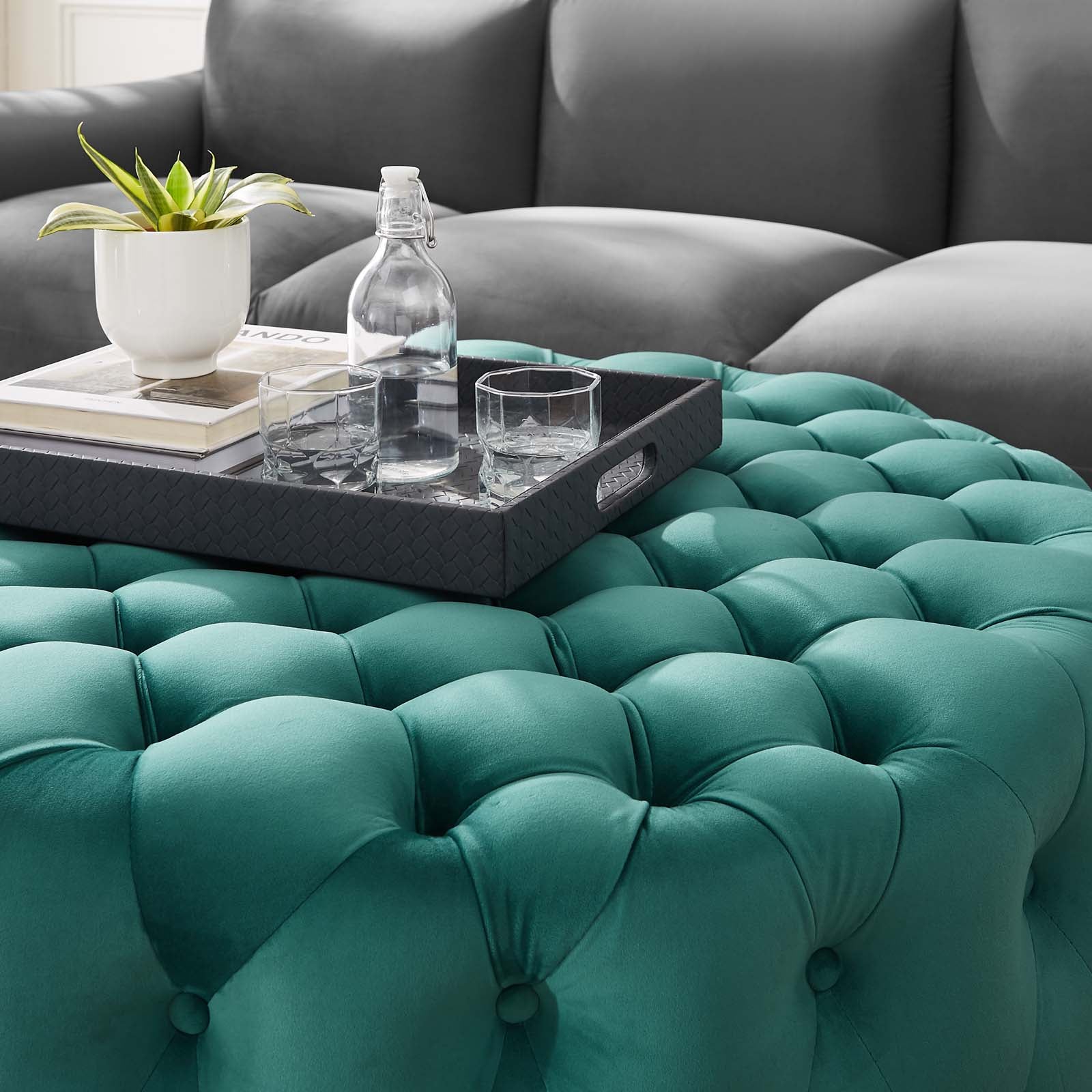 Modway Ottomans & Stools - Amour Tufted Button Large Round Performance Velvet Ottoman Teal