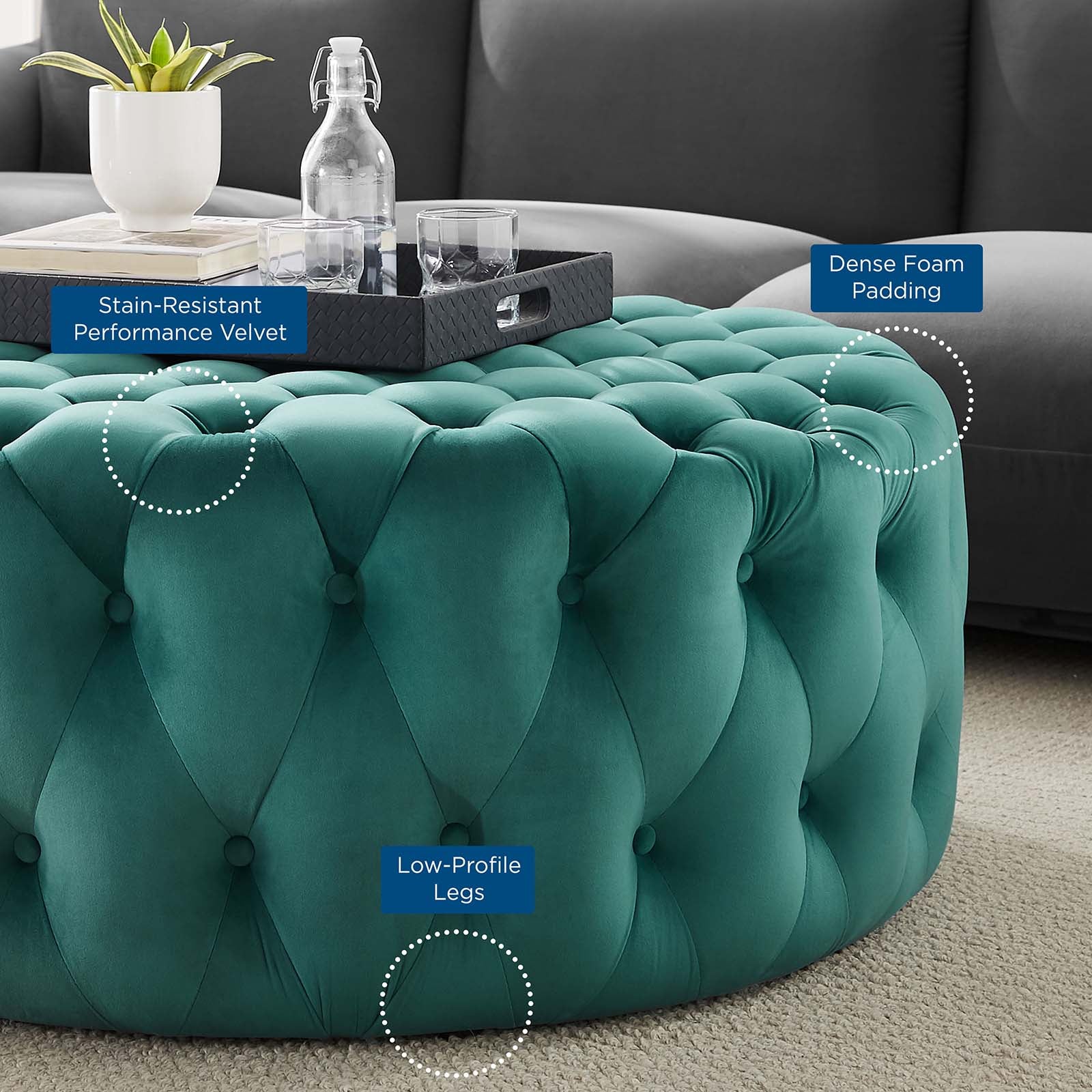 Modway Ottomans & Stools - Amour Tufted Button Large Round Performance Velvet Ottoman Teal