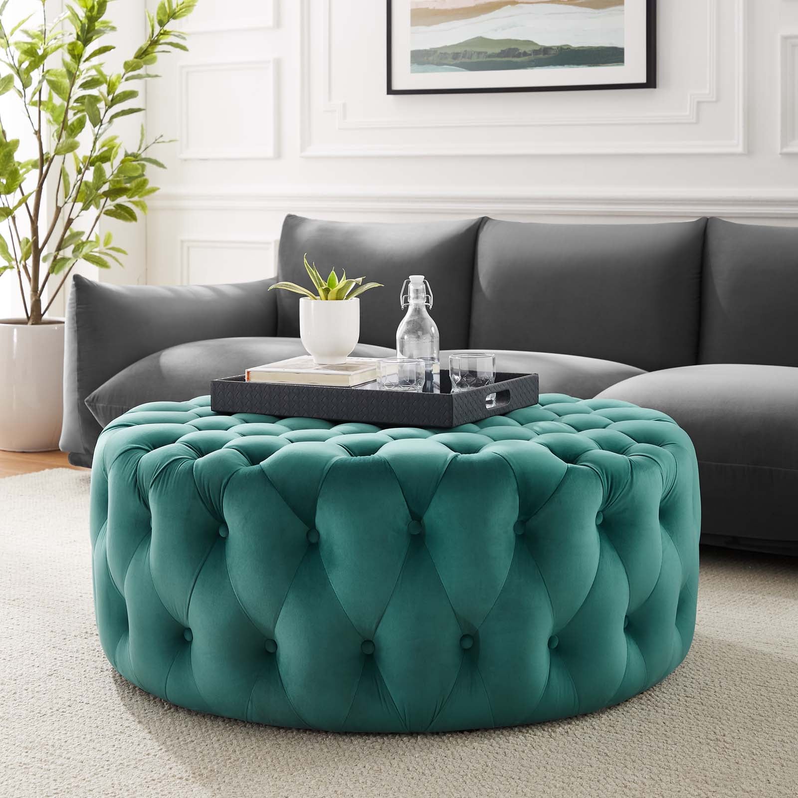 Modway Ottomans & Stools - Amour Tufted Button Large Round Performance Velvet Ottoman Teal