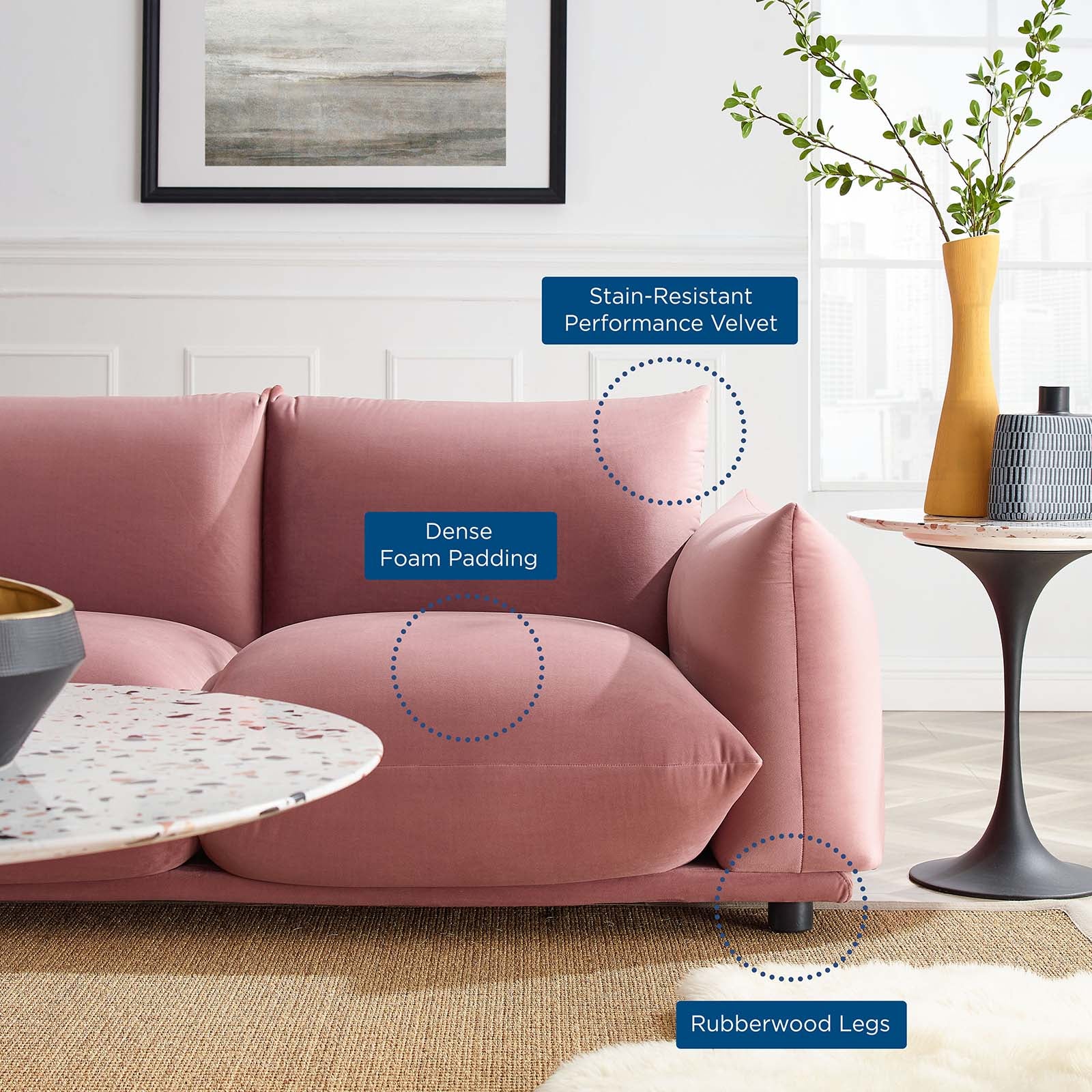 Modway Sofas & Couches - Copious Performance Velvet Sofa Dusty Rose