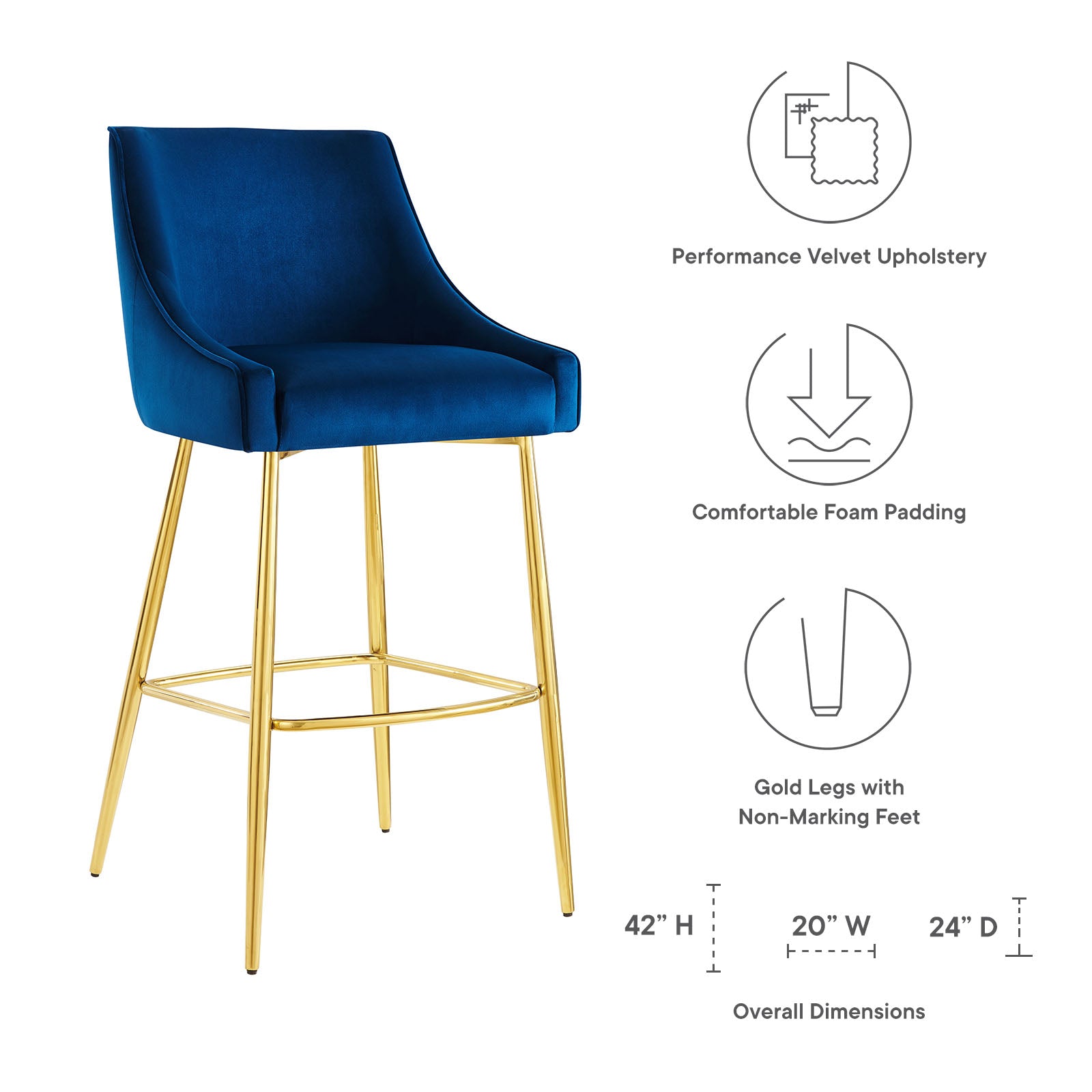 Modway Barstools - Discern Performance Velvet Bar Stool Navy