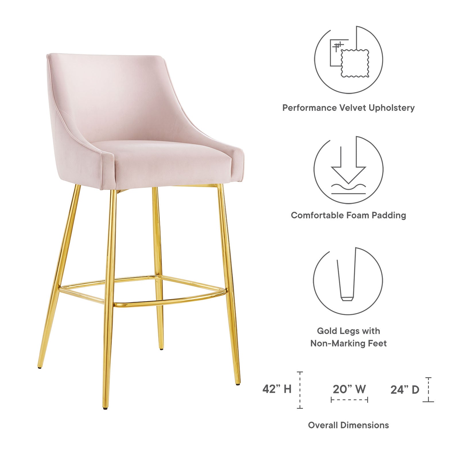 Modway Barstools - Discern Performance Velvet Bar Stool Pink