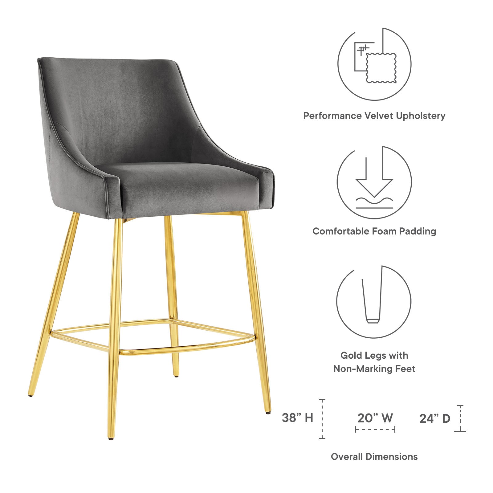 Modway Barstools - Discern Performance Velvet Counter Stool Gray