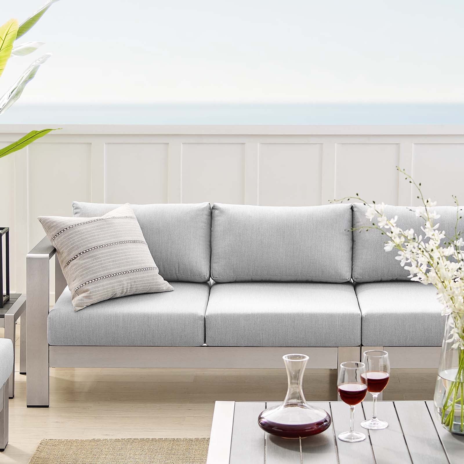Modway Outdoor Conversation Sets - Shore Sunbrella Fabric Outdoor Patio Aluminum 7 Piece Sectional Sofa Set Silver Gray