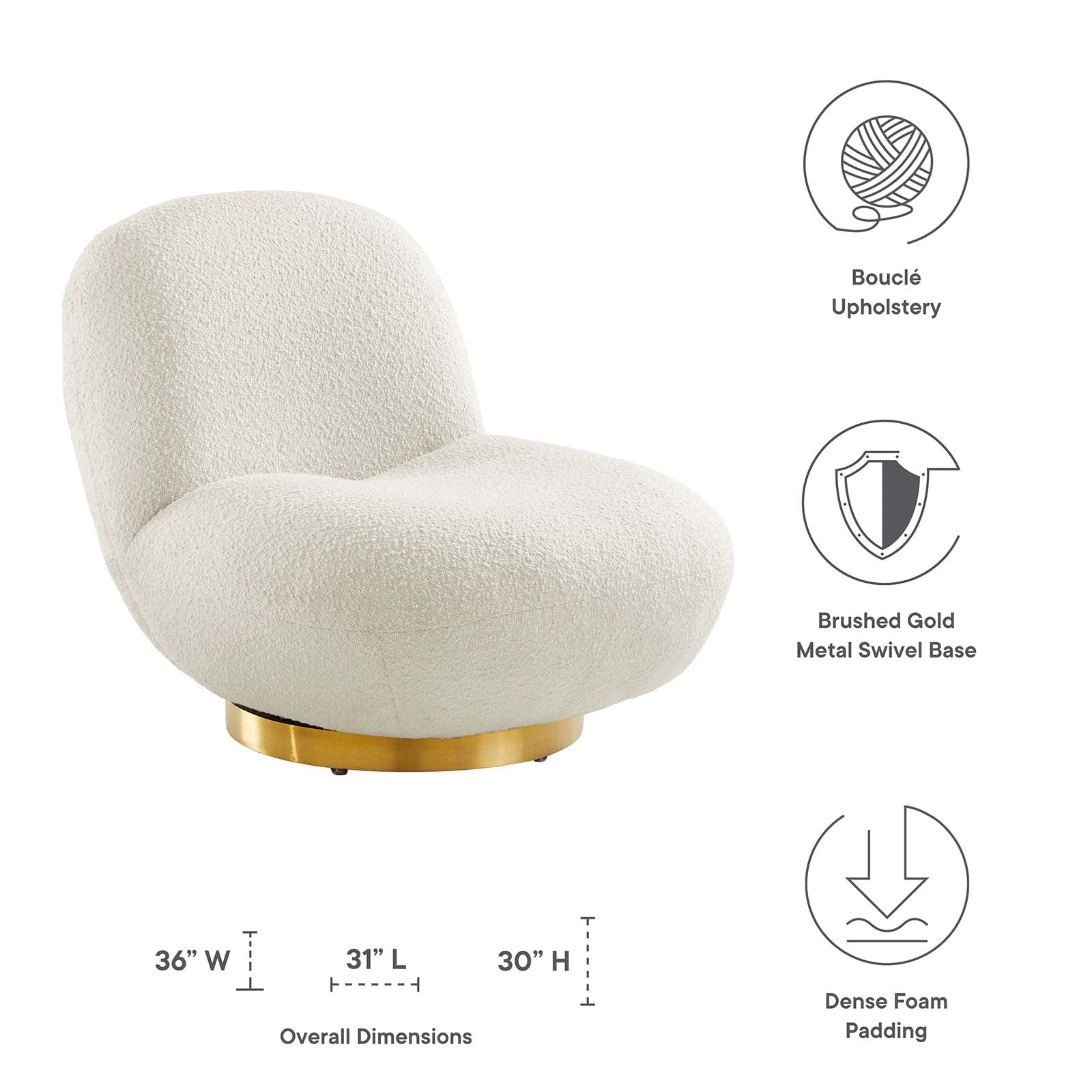 Modway Accent Chairs - Kindred Upholstered Fabric Swivel Chair Gold Ivory
