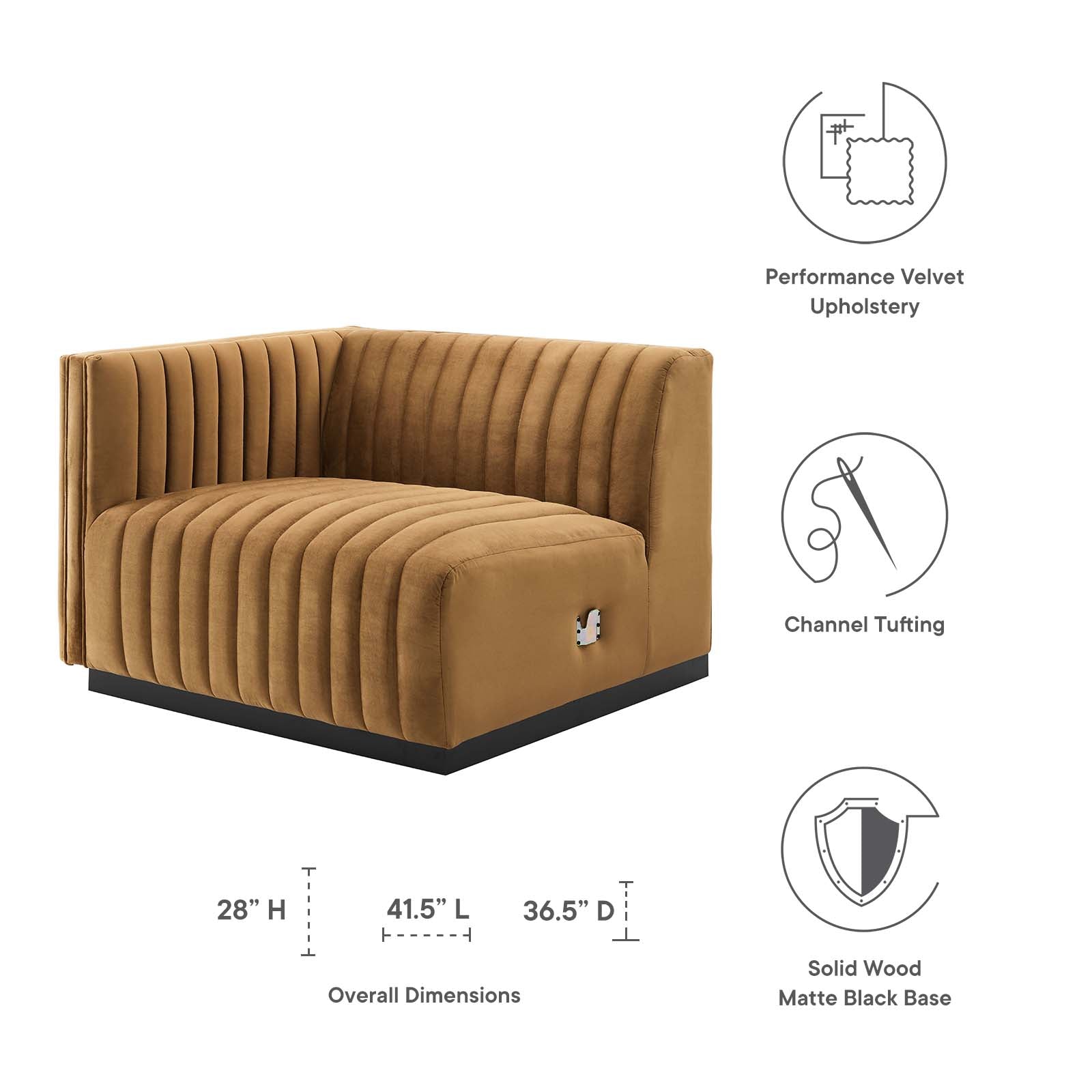 Modway Accent Chairs - Conjure Channel Tufted Performance Velvet Left-Arm Chair Black Cognac