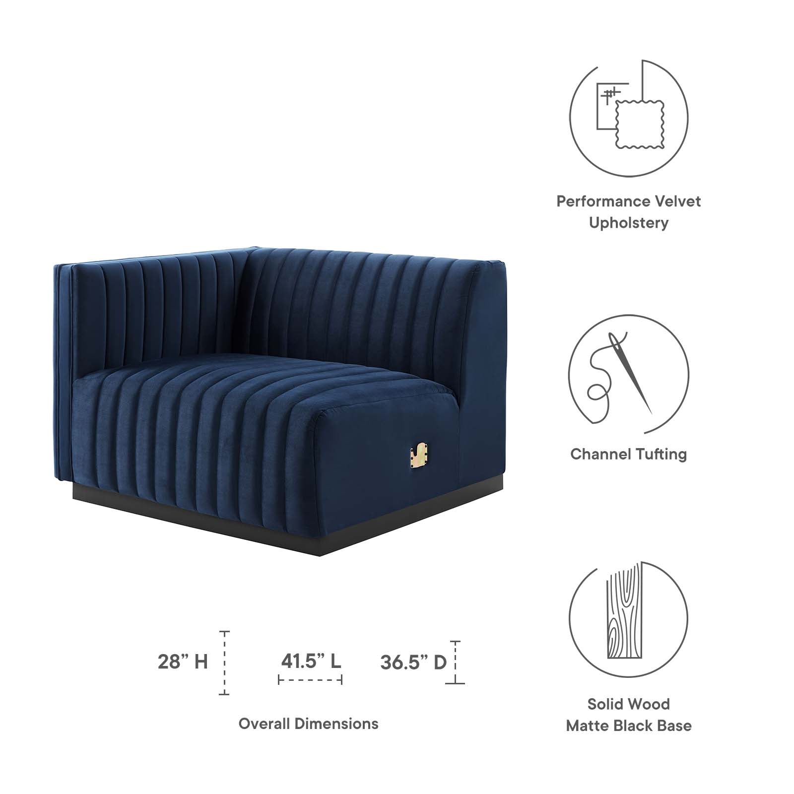 Modway Accent Chairs - Conjure Channel Tufted Performance Velvet Left-Arm Chair Black Midnight Blue