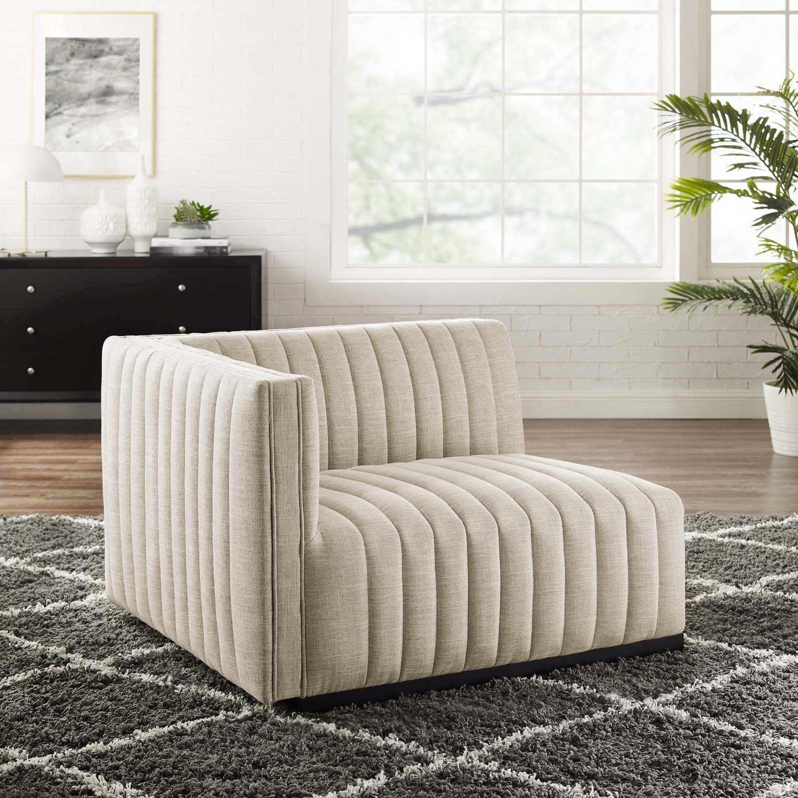 Modway Accent Chairs - Conjure Channel Tufted Upholstered Fabric Left-Arm Chair Black Beige