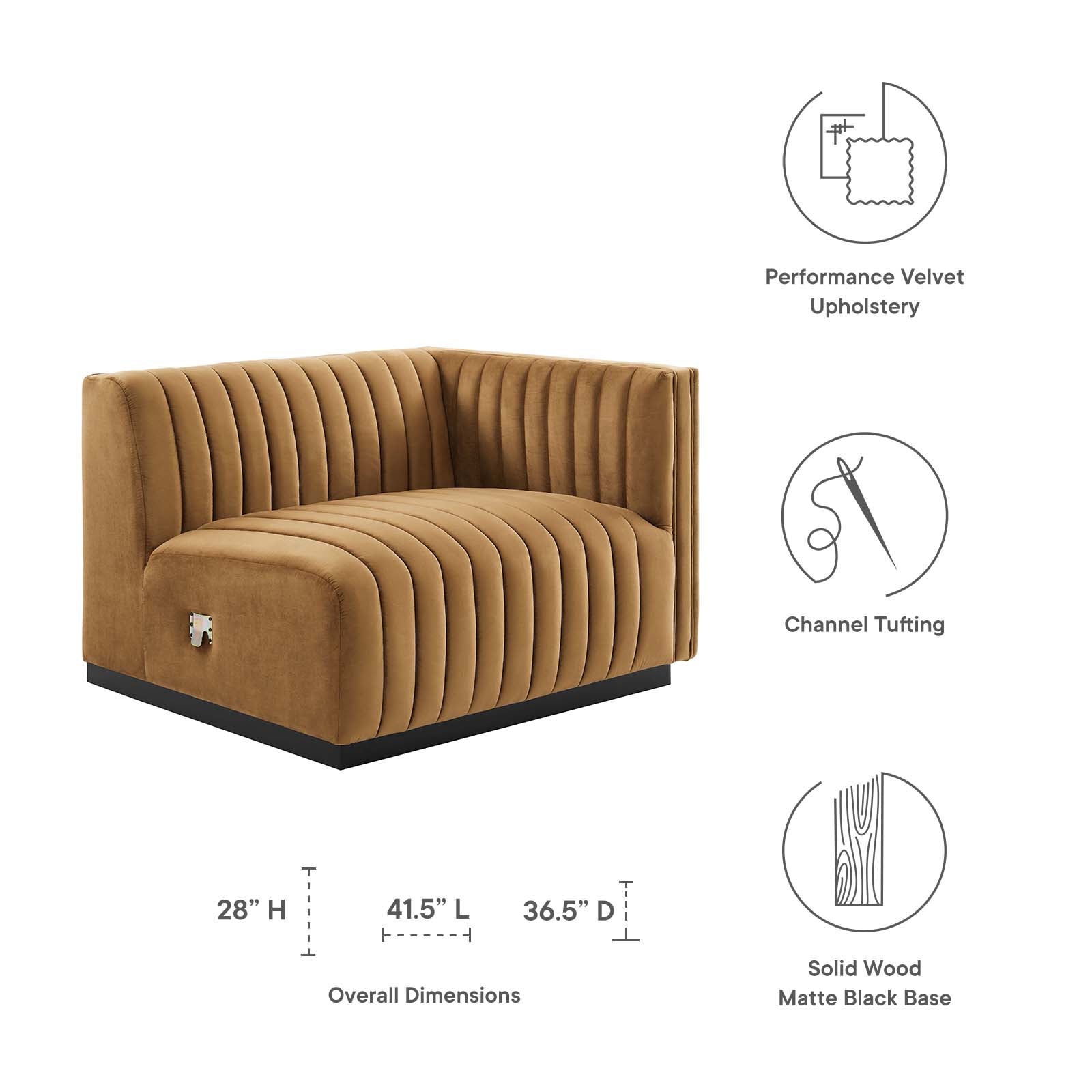 Modway Accent Chairs - Conjure Channel Tufted Performance Velvet Right-Arm Chair Black Cognac
