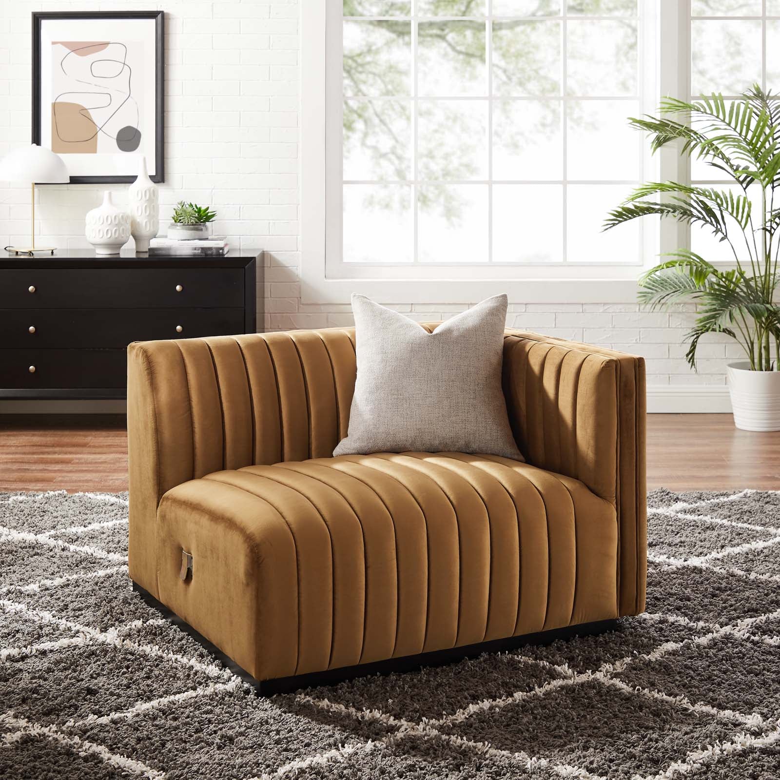 Modway Accent Chairs - Conjure Channel Tufted Performance Velvet Right-Arm Chair Black Cognac