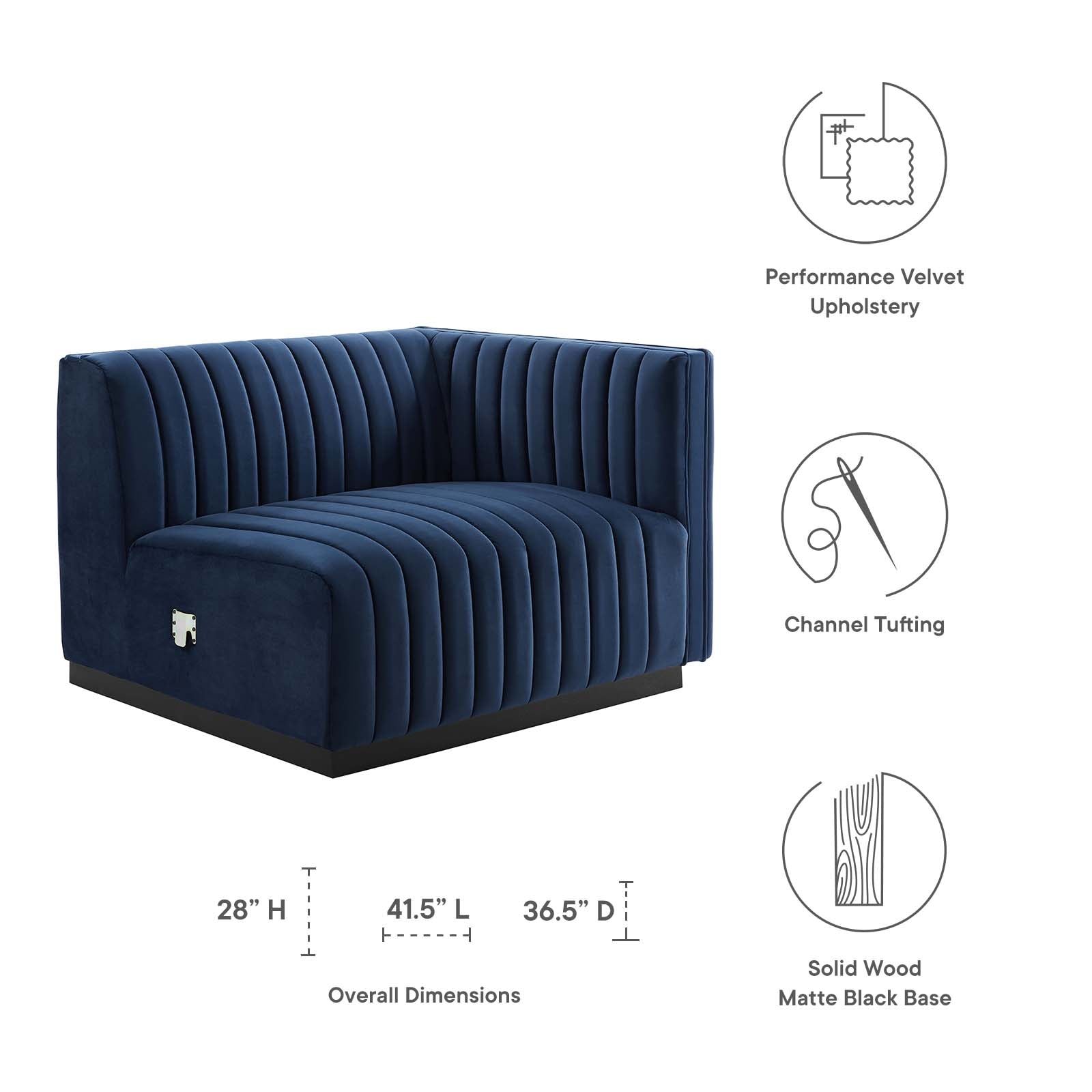 Modway Accent Chairs - Conjure Channel Tufted Performance Velvet Right-Arm Chair Black Midnight Blue