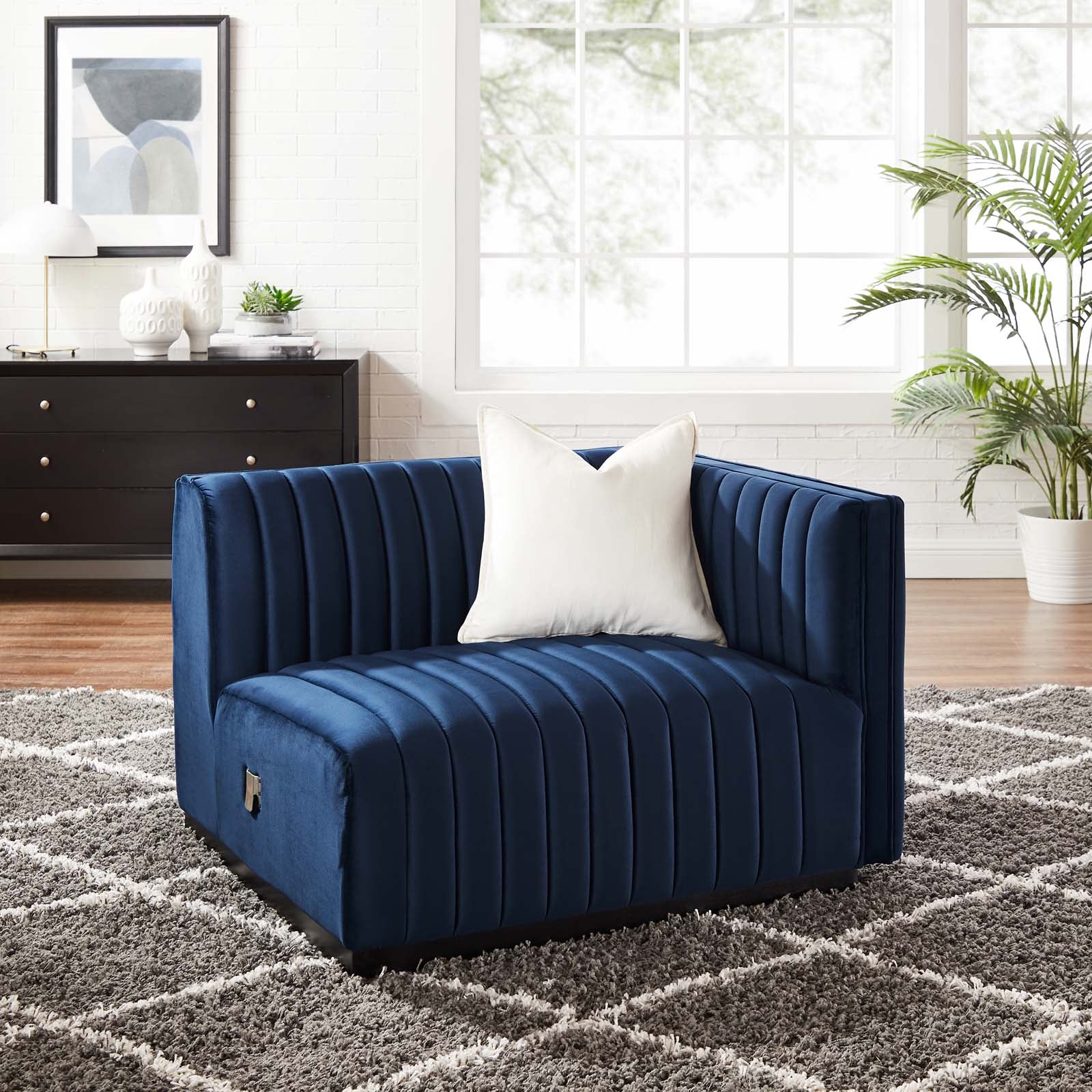 Modway Accent Chairs - Conjure Channel Tufted Performance Velvet Right-Arm Chair Black Midnight Blue