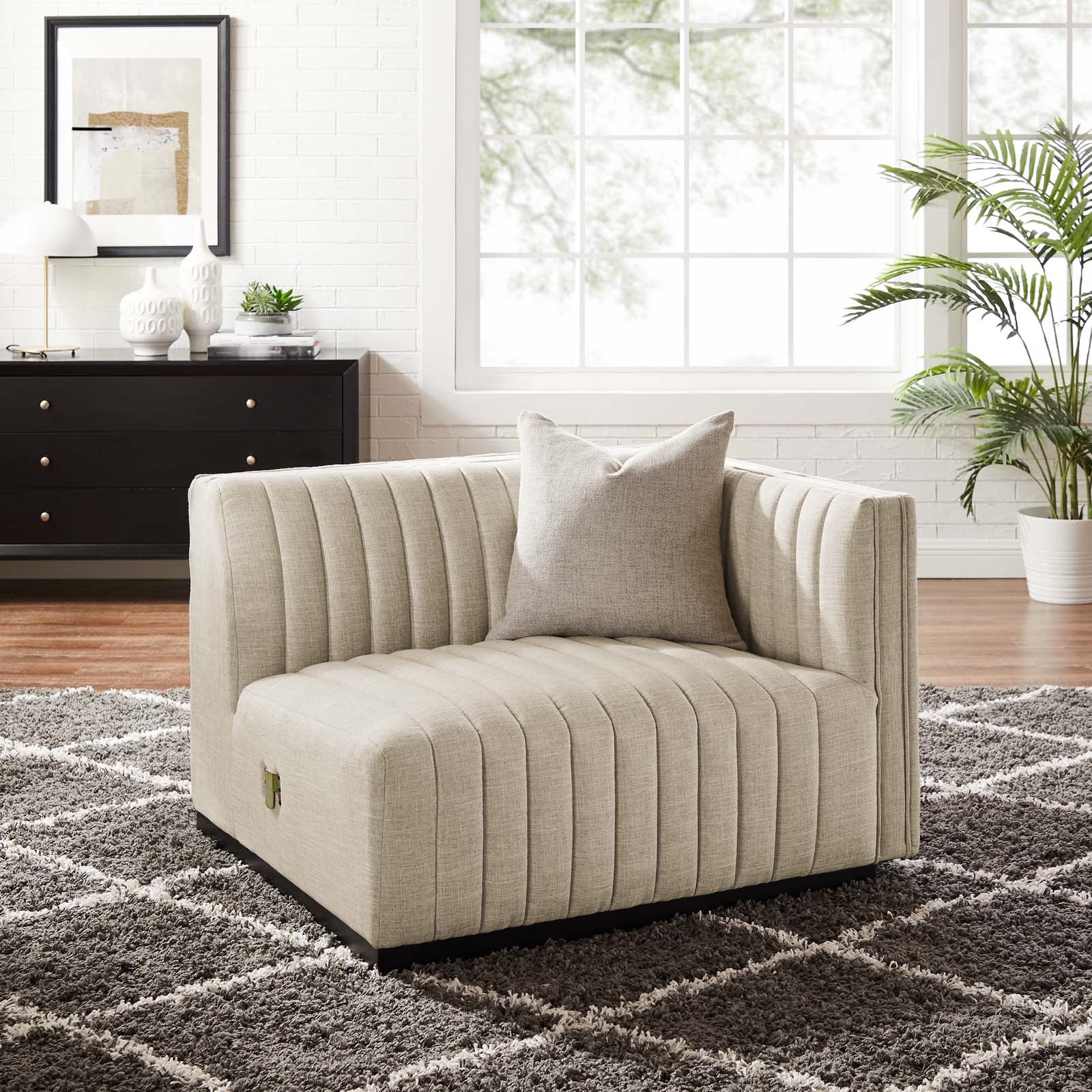 Modway Accent Chairs - Conjure Channel Tufted Upholstered Fabric Right-Arm Chair BlackBeige