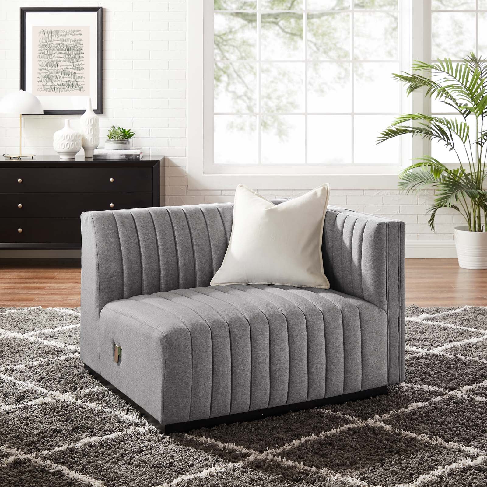 Modway Accent Chairs - Conjure Channel Tufted Upholstered Fabric Right-Arm Chair Black Light Gray