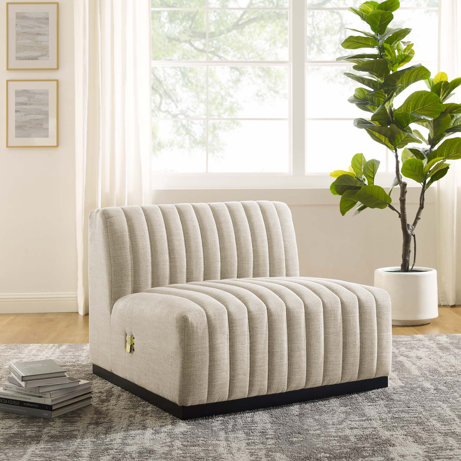 Modway Accent Chairs - Conjure Channel Tufted Upholstered Fabric Armless Chair Black Beige