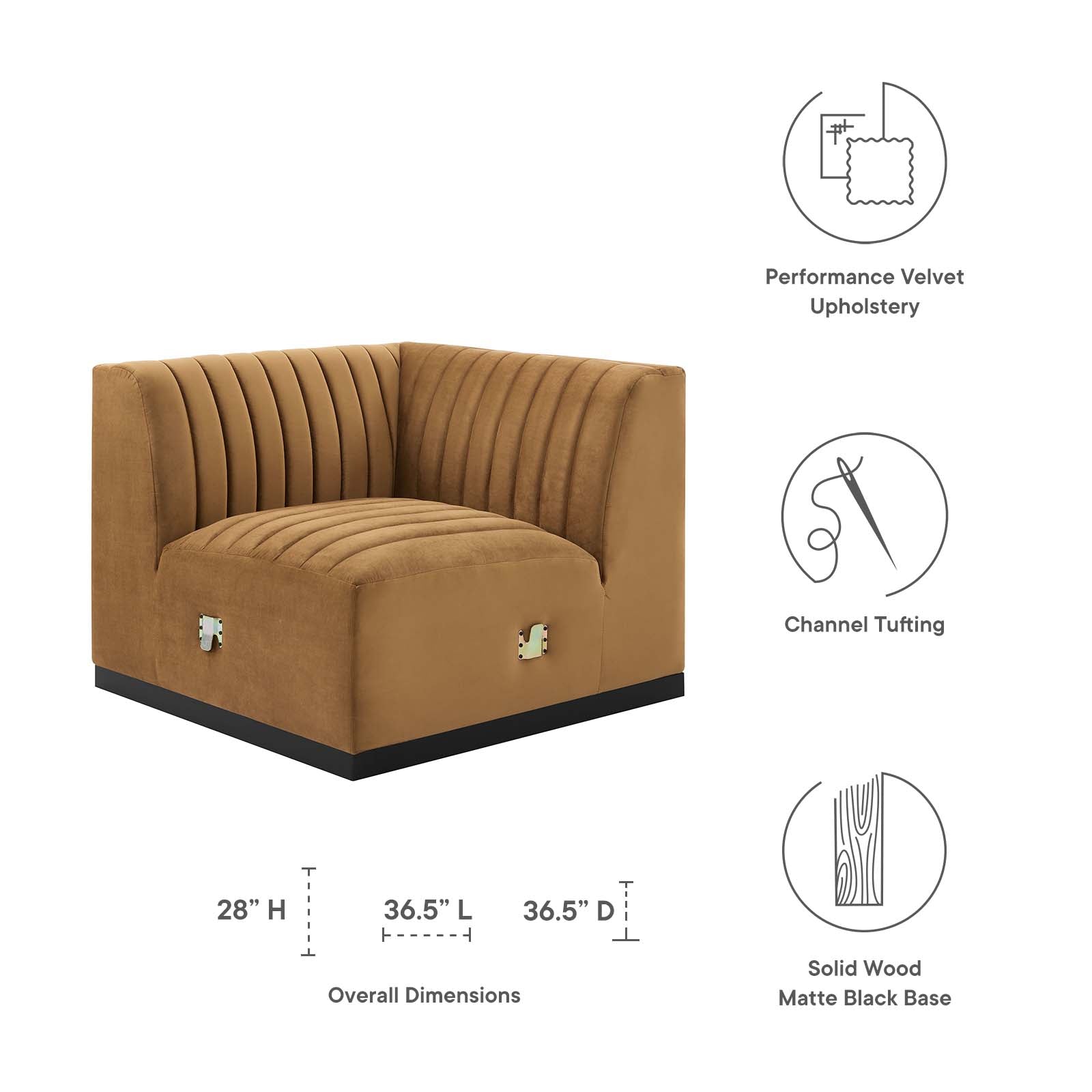 Modway Accent Chairs - Conjure Channel Tufted Performance Velvet Left Corner Chair Black Cognac