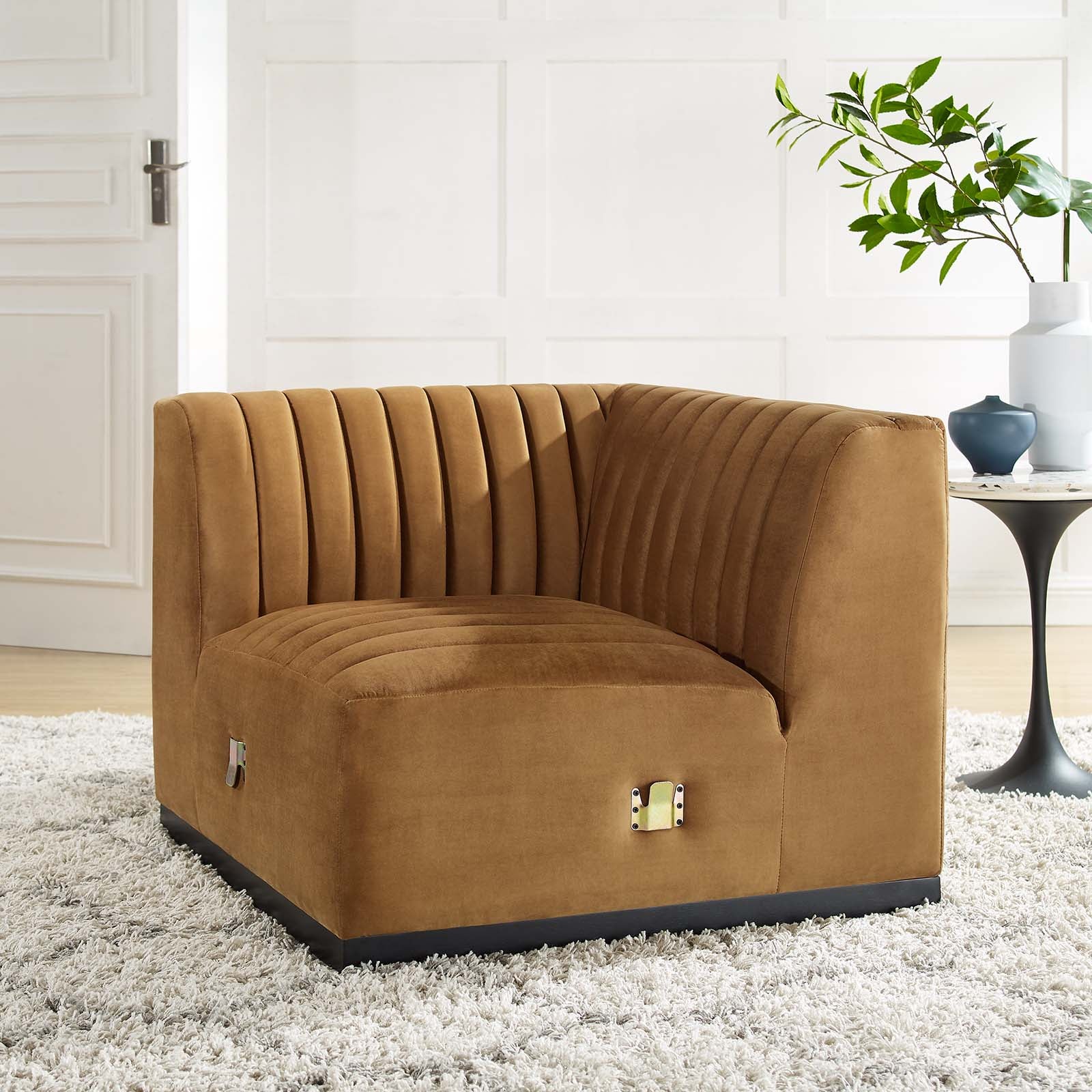 Modway Accent Chairs - Conjure Channel Tufted Performance Velvet Left Corner Chair Black Cognac