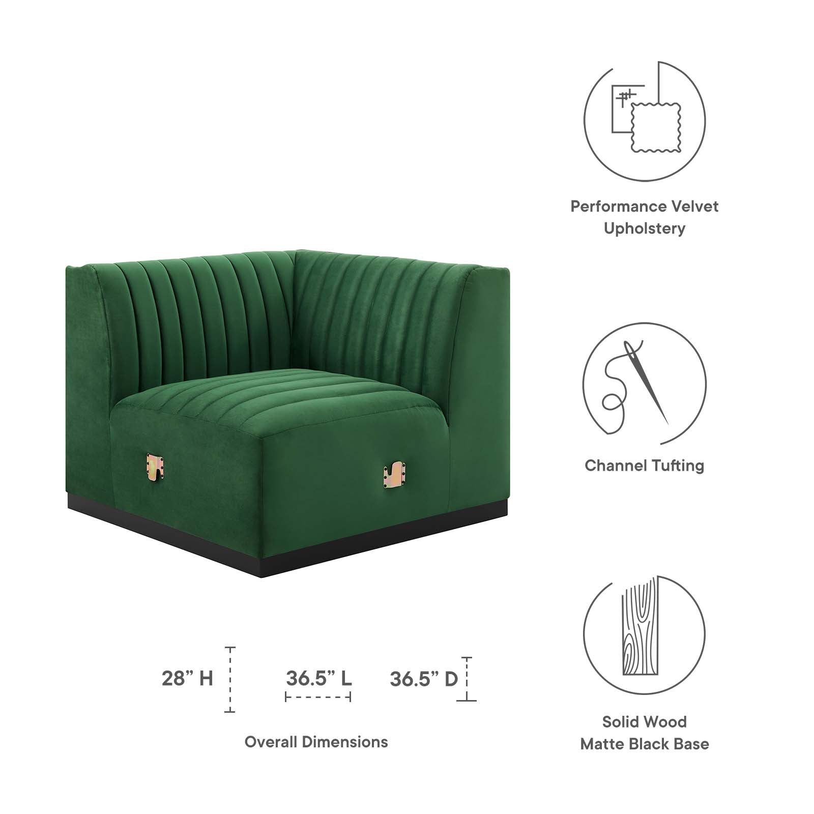 Modway Accent Chairs - Conjure Channel Tufted Performance Velvet Left Corner Chair Black Emerald