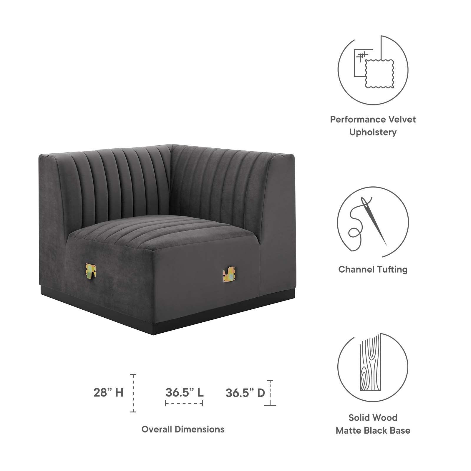 Modway Accent Chairs - Conjure Channel Tufted Performance Velvet Left Corner Chair Black Gray