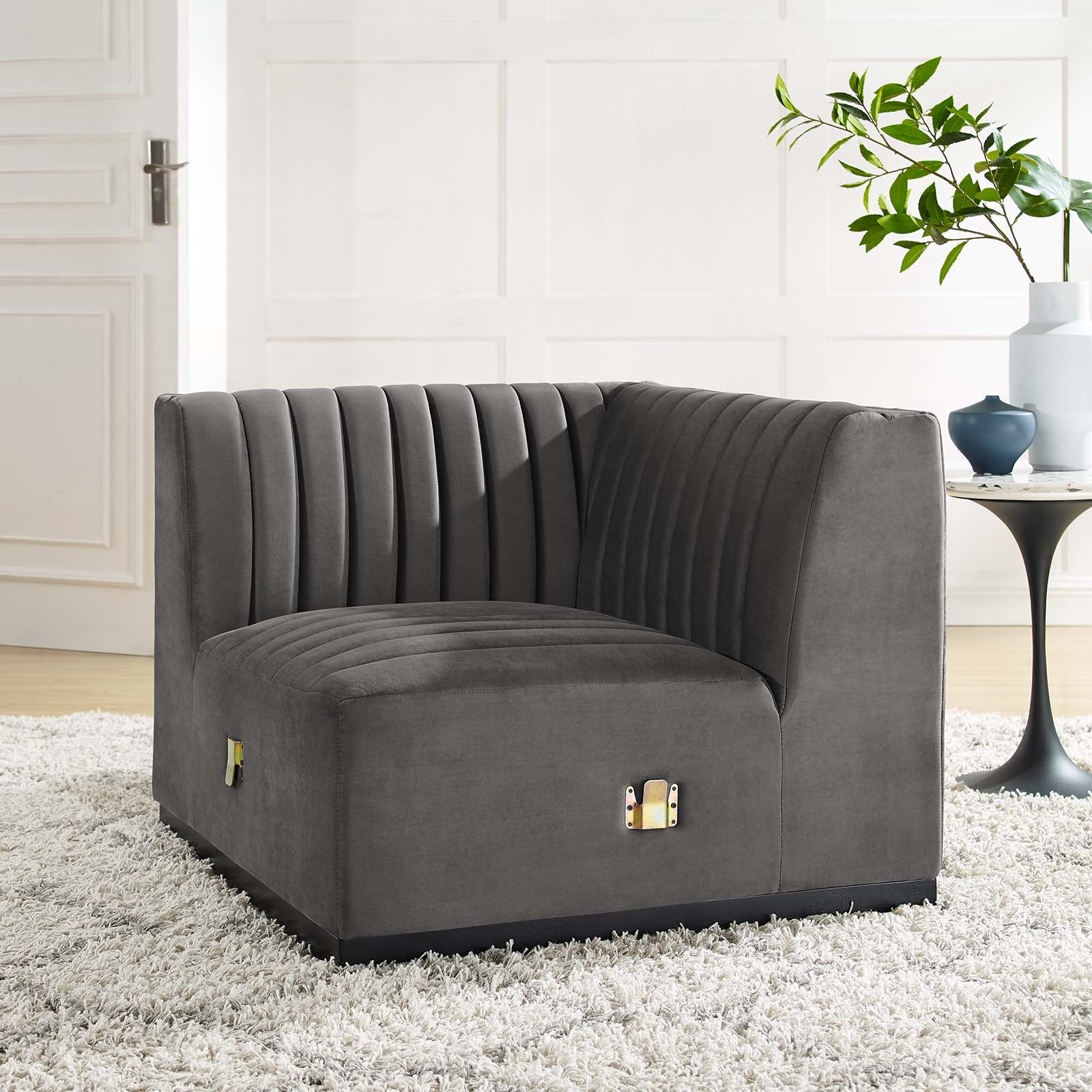 Modway Accent Chairs - Conjure Channel Tufted Performance Velvet Left Corner Chair Black Gray