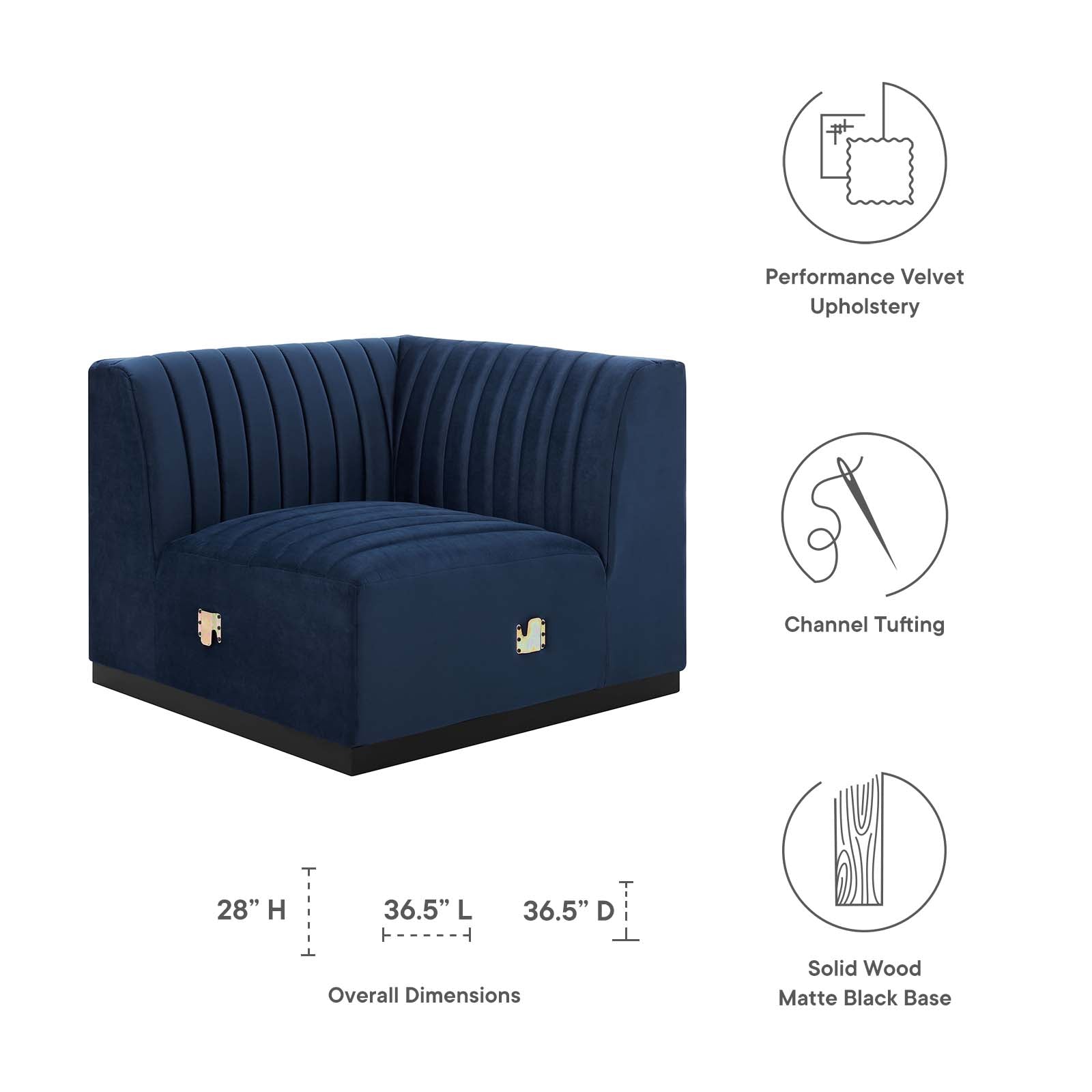 Modway Accent Chairs - Conjure Channel Tufted Performance Velvet Left Corner Chair Black Midnight Blue