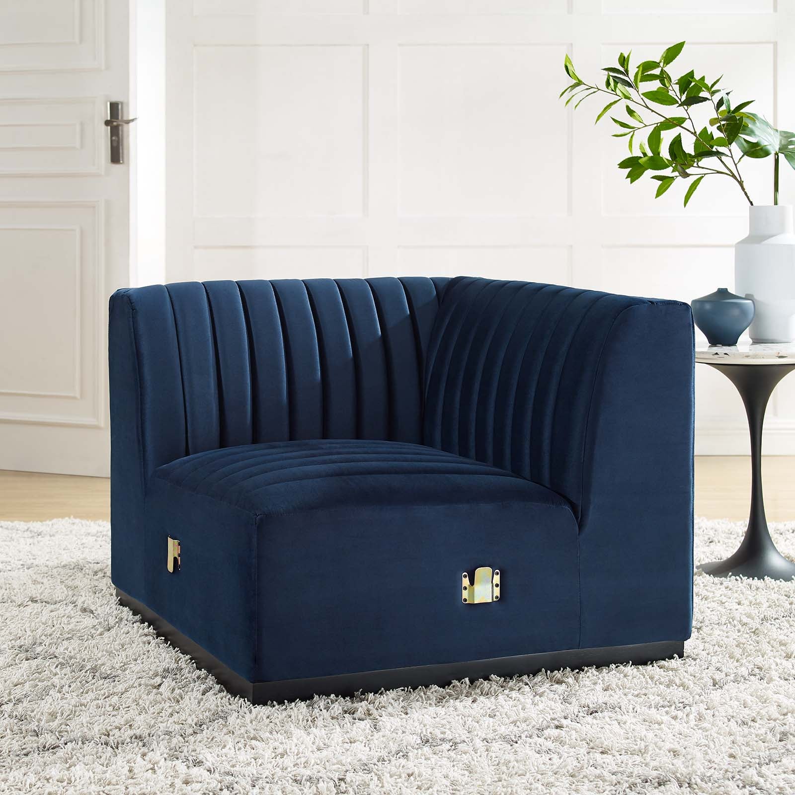 Modway Accent Chairs - Conjure Channel Tufted Performance Velvet Left Corner Chair Black Midnight Blue