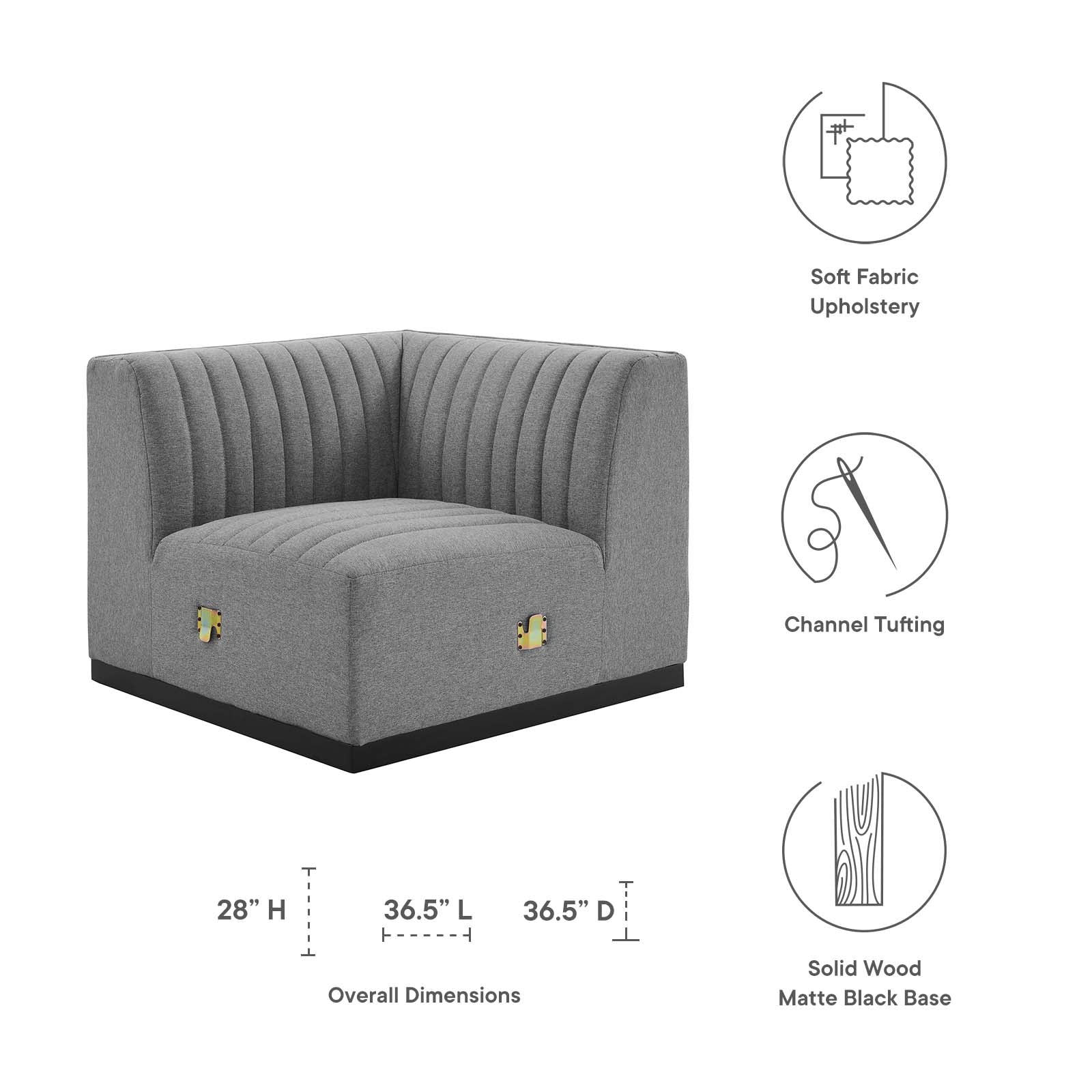 Modway Accent Chairs - Conjure Channel Tufted Upholstered Fabric Left Corner Chair Black Light Gray
