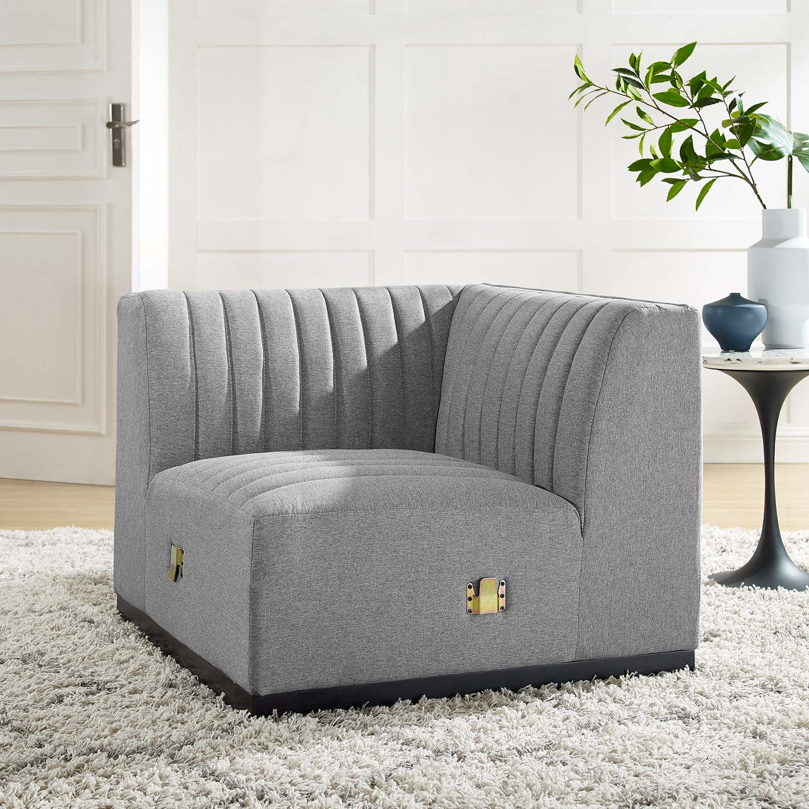 Modway Accent Chairs - Conjure Channel Tufted Upholstered Fabric Left Corner Chair Black Light Gray
