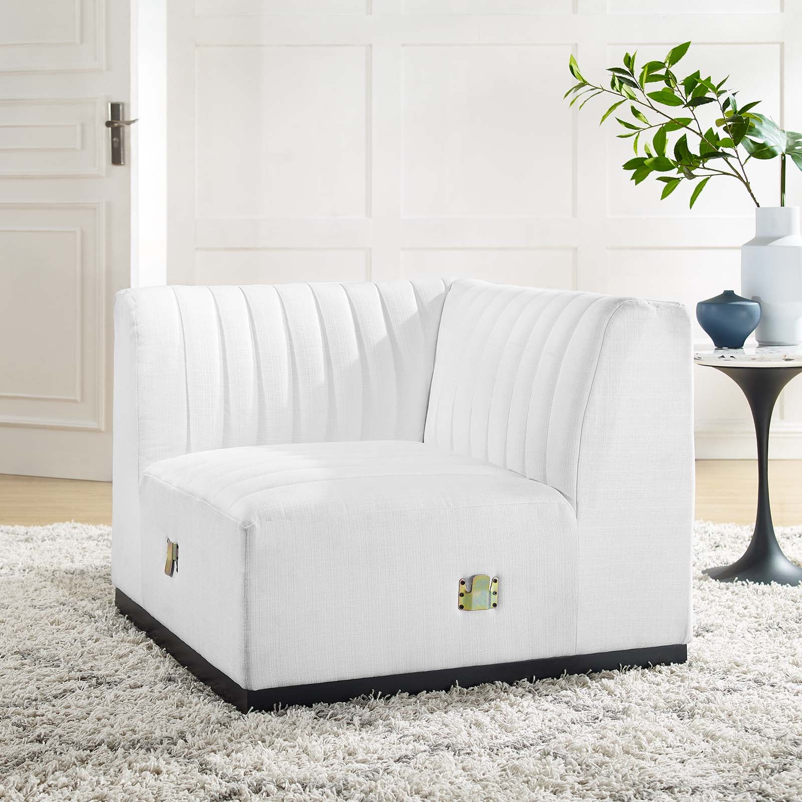 Modway Accent Chairs - Conjure Channel Tufted Upholstered Fabric Left Corner Chair Black White