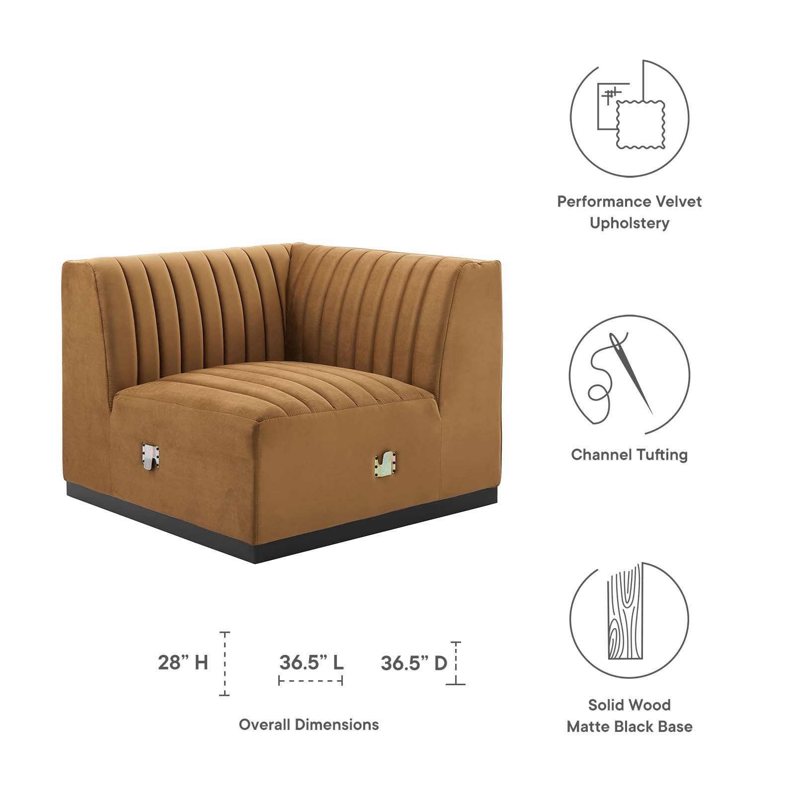 Modway Accent Chairs - Conjure Channel Tufted Performance Velvet Right Corner Chair Black Cognac