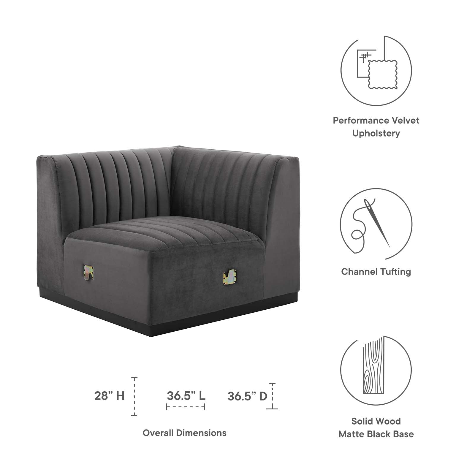 Modway Accent Chairs - Conjure Channel Tufted Performance Velvet Right Corner Chair Black Gray