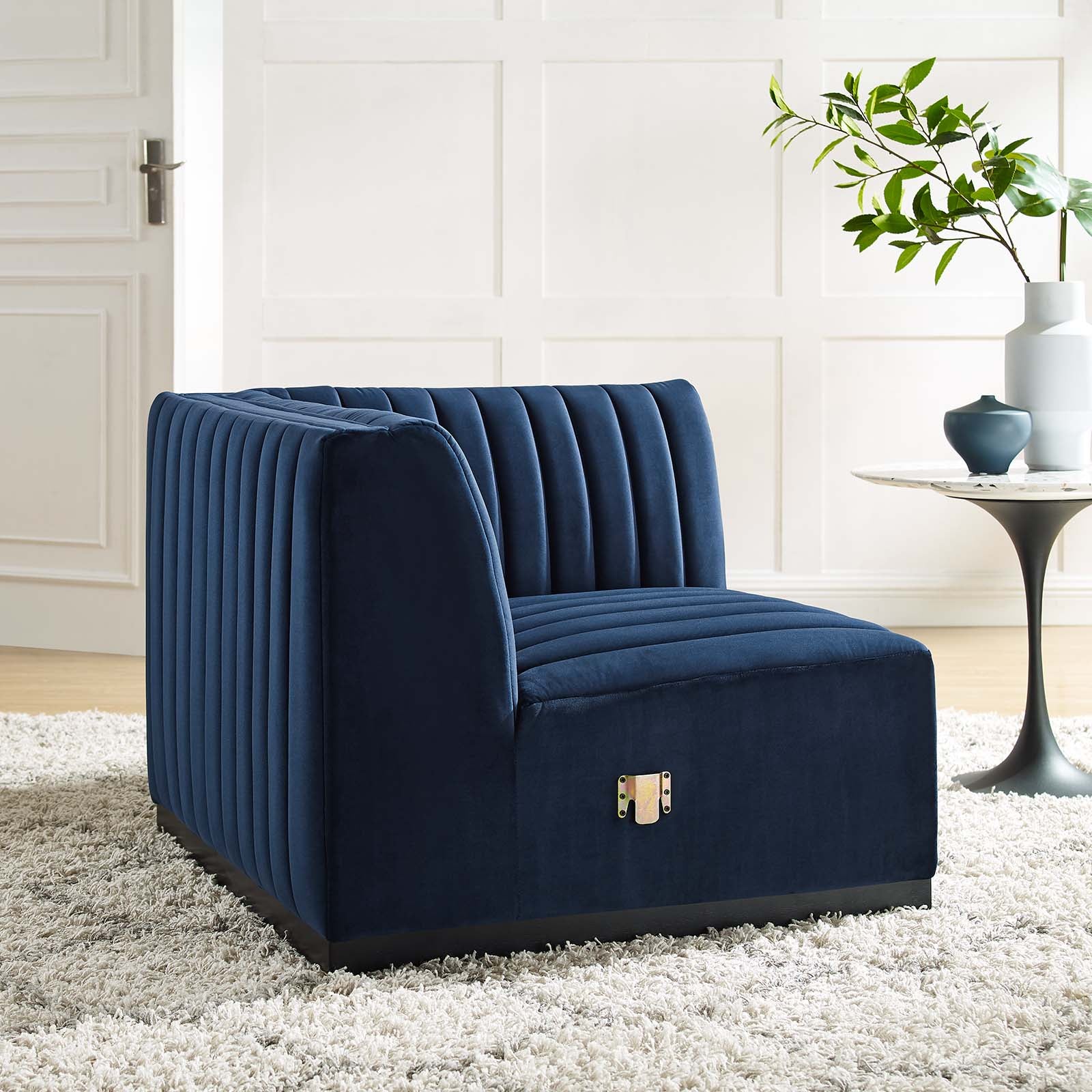 Modway Accent Chairs - Conjure Channel Tufted Performance Velvet Right Corner Chair Black Midnight Blue