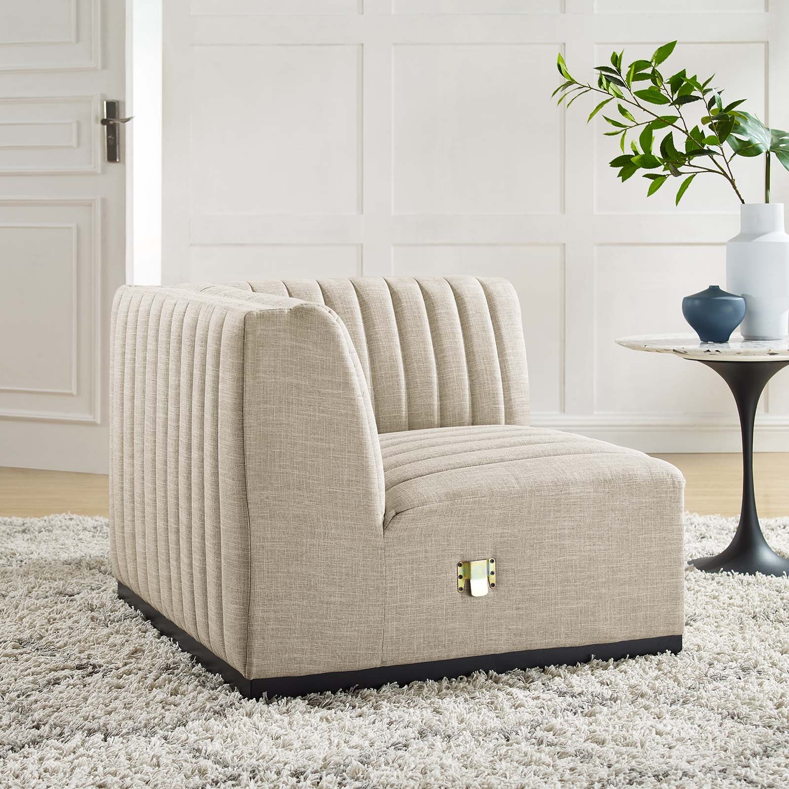 Modway Accent Chairs - Conjure Channel Tufted Upholstered Fabric Right Corner Chair Black Beige