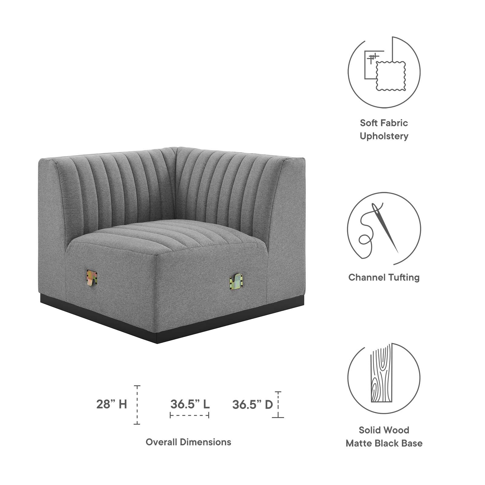 Modway Accent Chairs - Conjure Channel Tufted Upholstered Fabric Right Corner Chair Black Light Gray