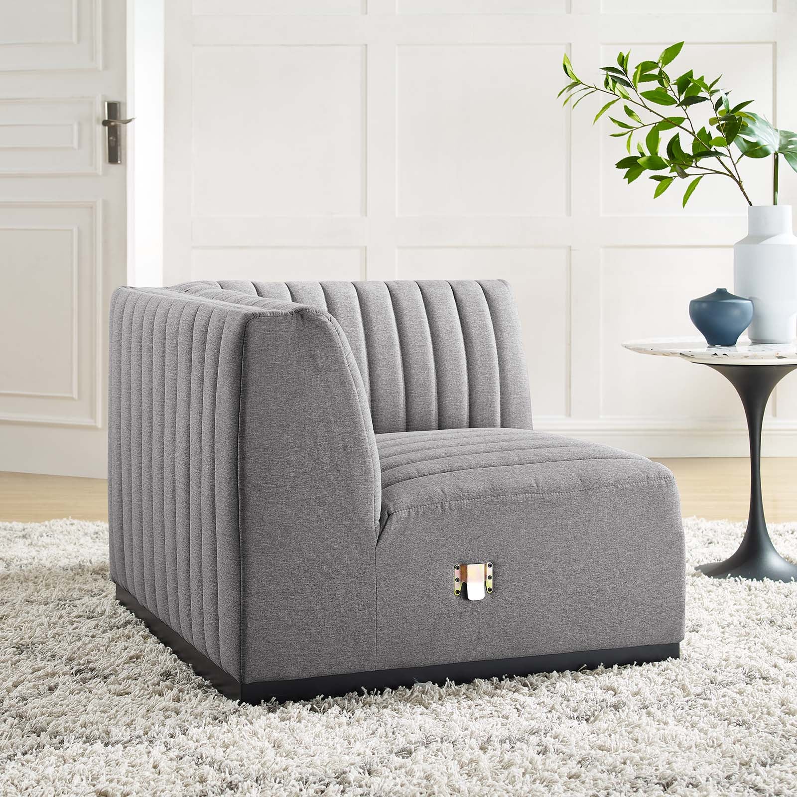 Modway Accent Chairs - Conjure Channel Tufted Upholstered Fabric Right Corner Chair Black Light Gray