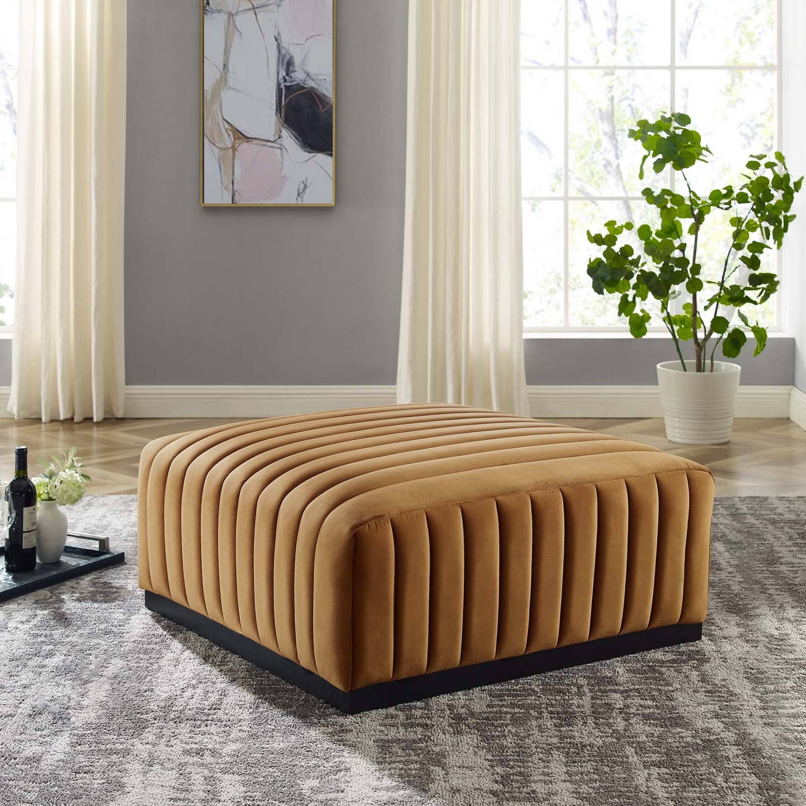 Modway Ottomans & Stools - Conjure Channel Tufted Performance Velvet Ottoman Black Cognac